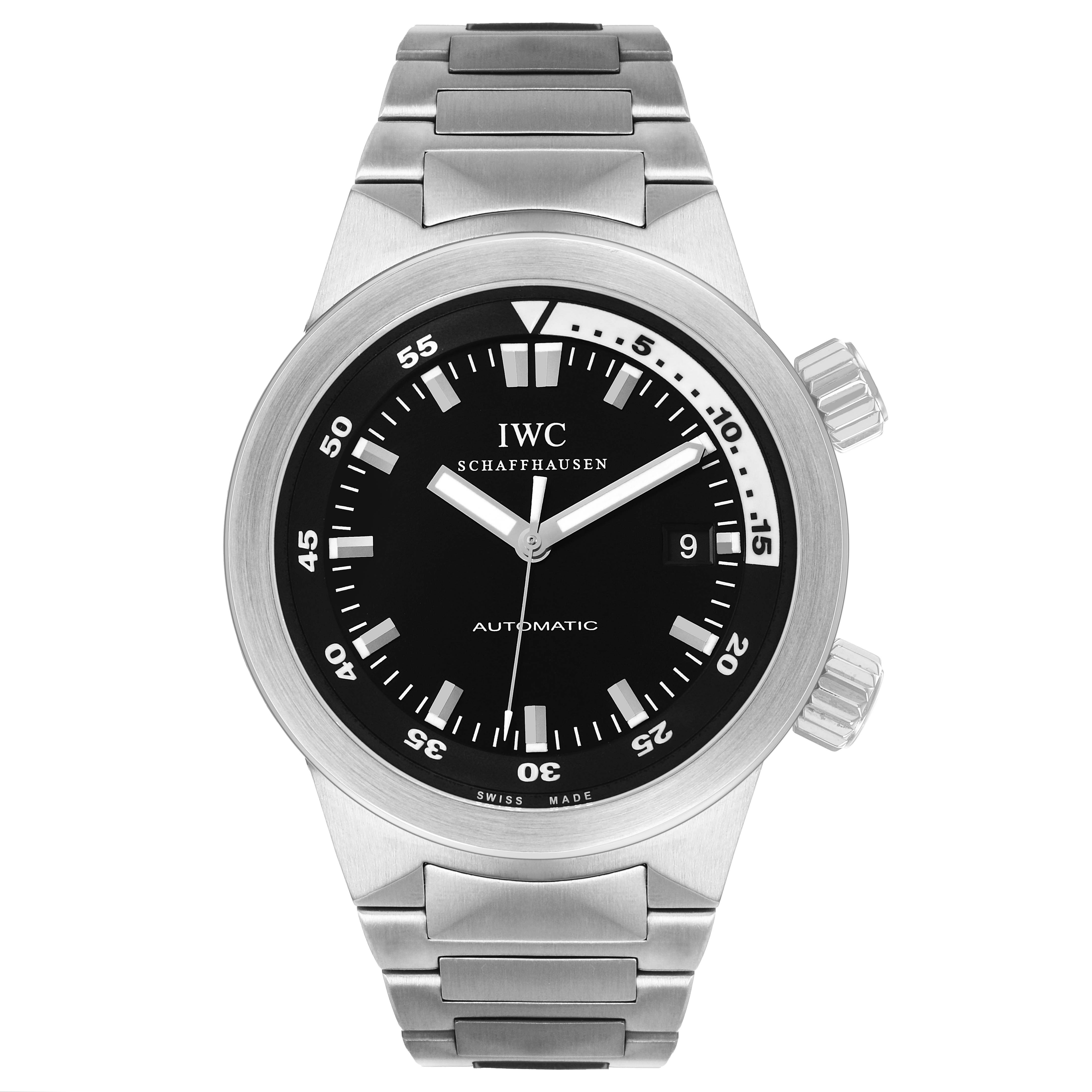 The IWC Aquatimer IW354805 Mens Stainless Steel Black Dial watch is shown from the front, displaying its dial, bezel, and stainless steel bracelet.