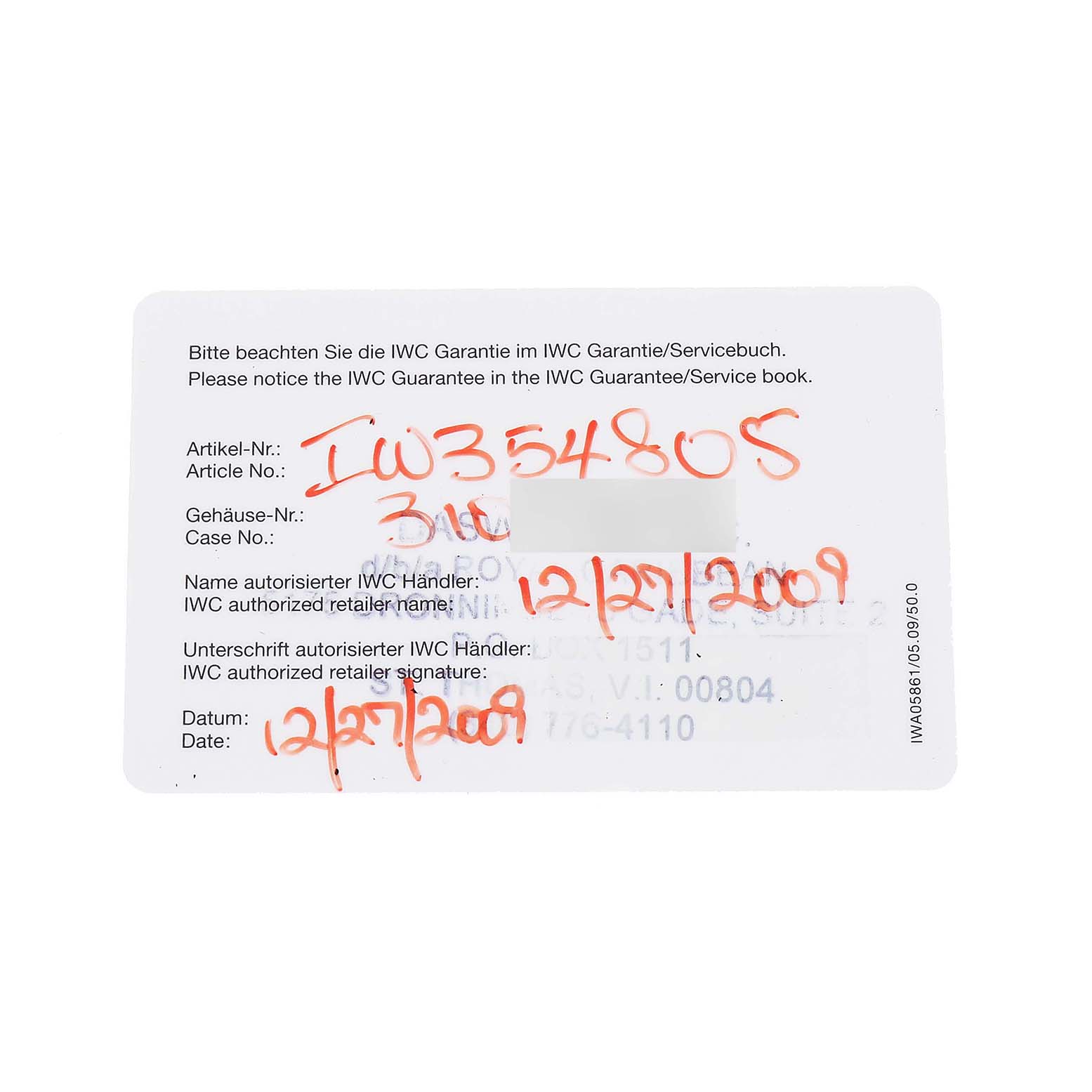 This image shows a guarantee or service card for the IWC Aquatimer IW354805 Mens Stainless Steel Black Dial model, viewed from above.