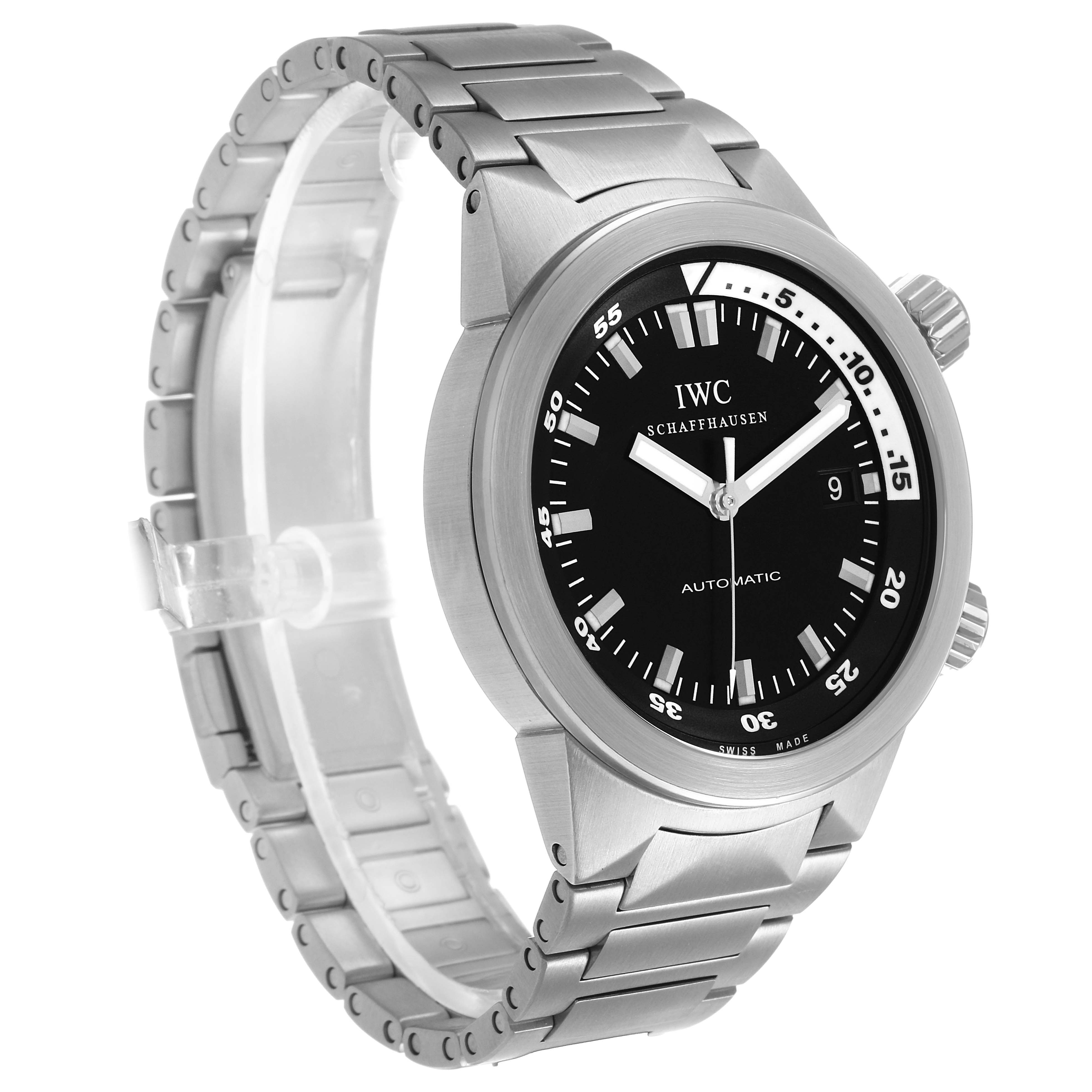 The IWC Aquatimer IW354805 Mens Stainless Steel Black Dial watch is shown at a three-quarter angle, displaying the dial, bezel, and metal bracelet.
