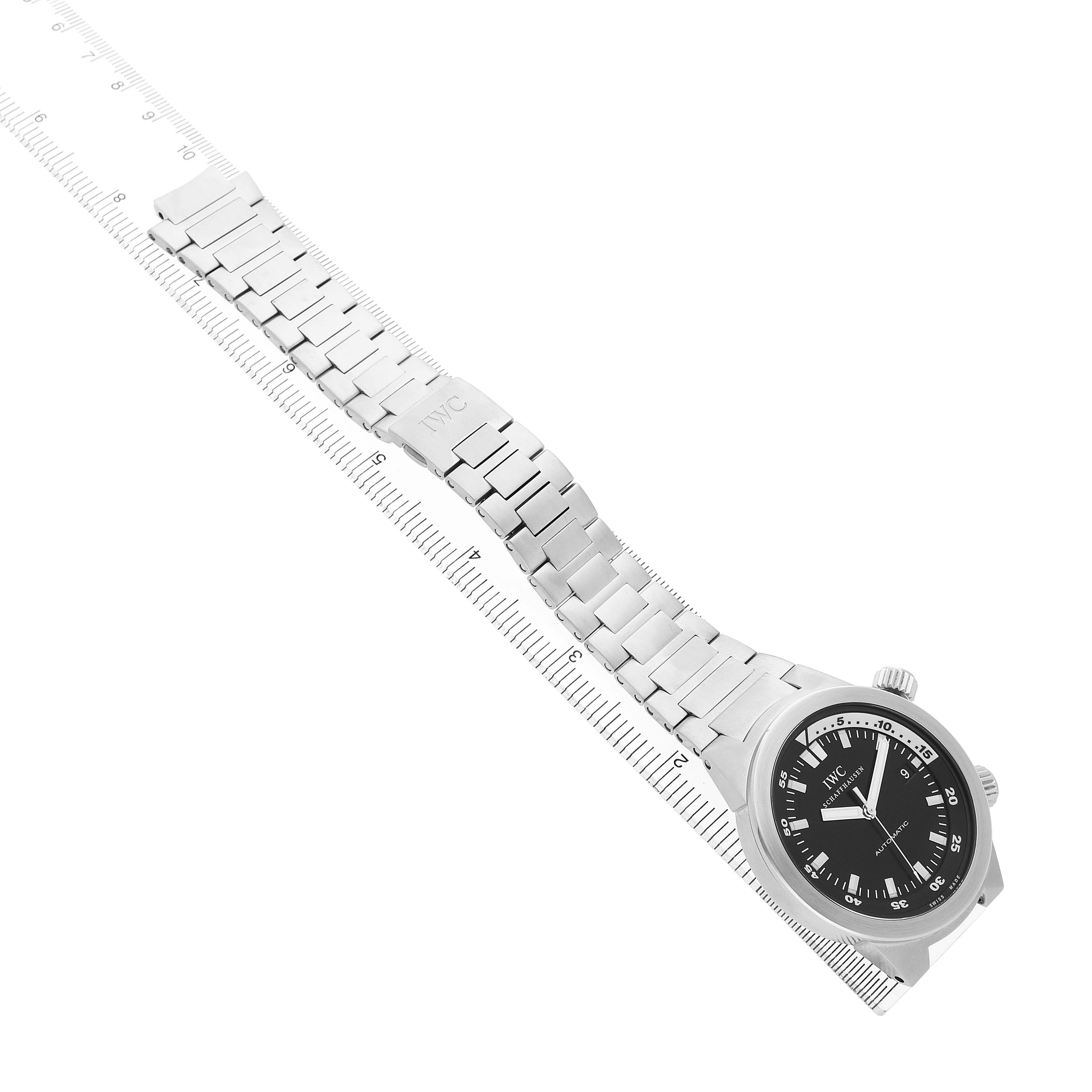 The IWC Aquatimer IW354805 Mens Stainless Steel Black Dial watch is displayed diagonally, showing the face, bezel, and entire metal bracelet.