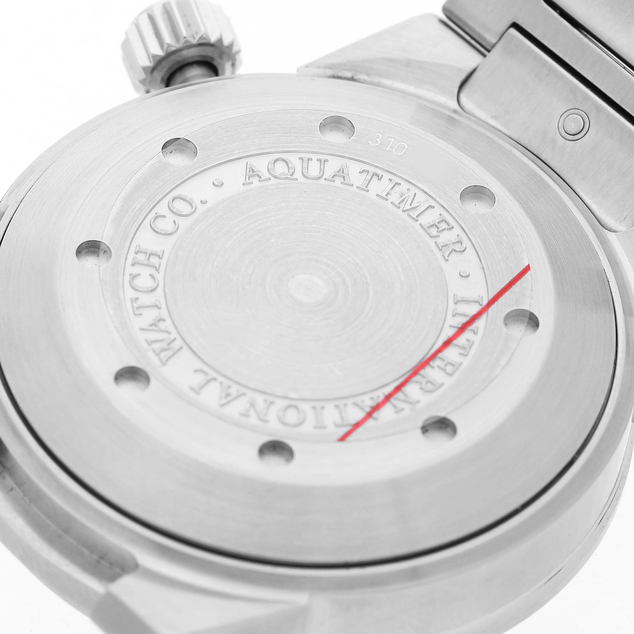 The image shows the back case and crown of the IWC Aquatimer IW354805 Mens Stainless Steel Black Dial, viewed at an angle showcasing the branding and engravings.