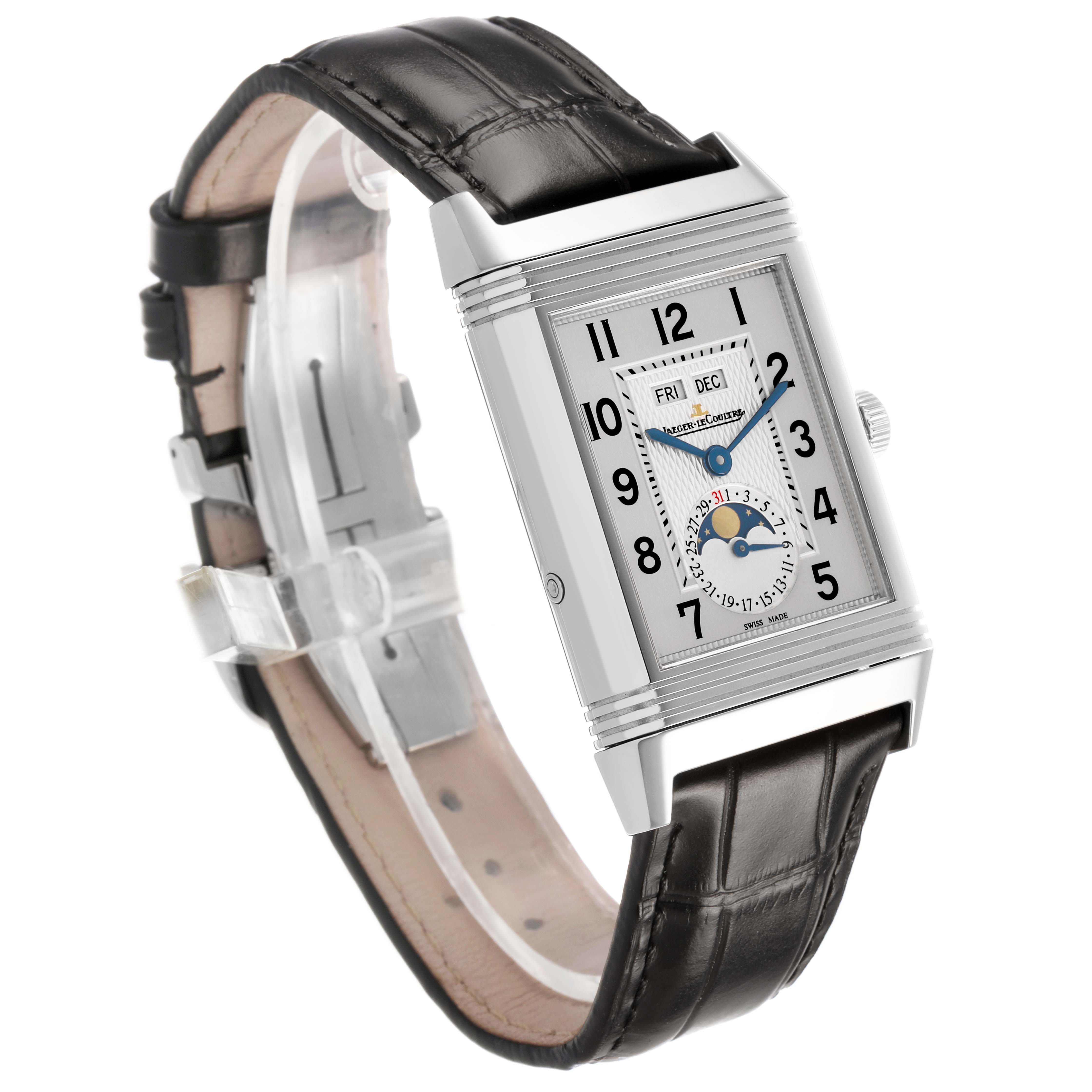 The Jaeger LeCoultre Reverso Q3758420 Men's Stainless Steel Silver Dial watch is shown at a three-quarter angle, revealing the face, crown, and leather strap.