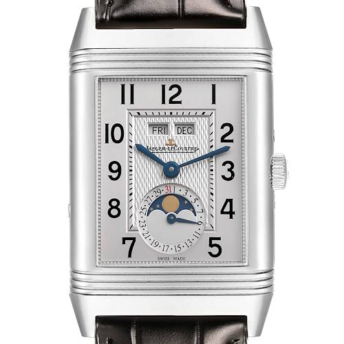 The Jaeger-LeCoultre Reverso watch is shown from the front, displaying the dial, hands, crown, and visible calendar and moonphase indicators.