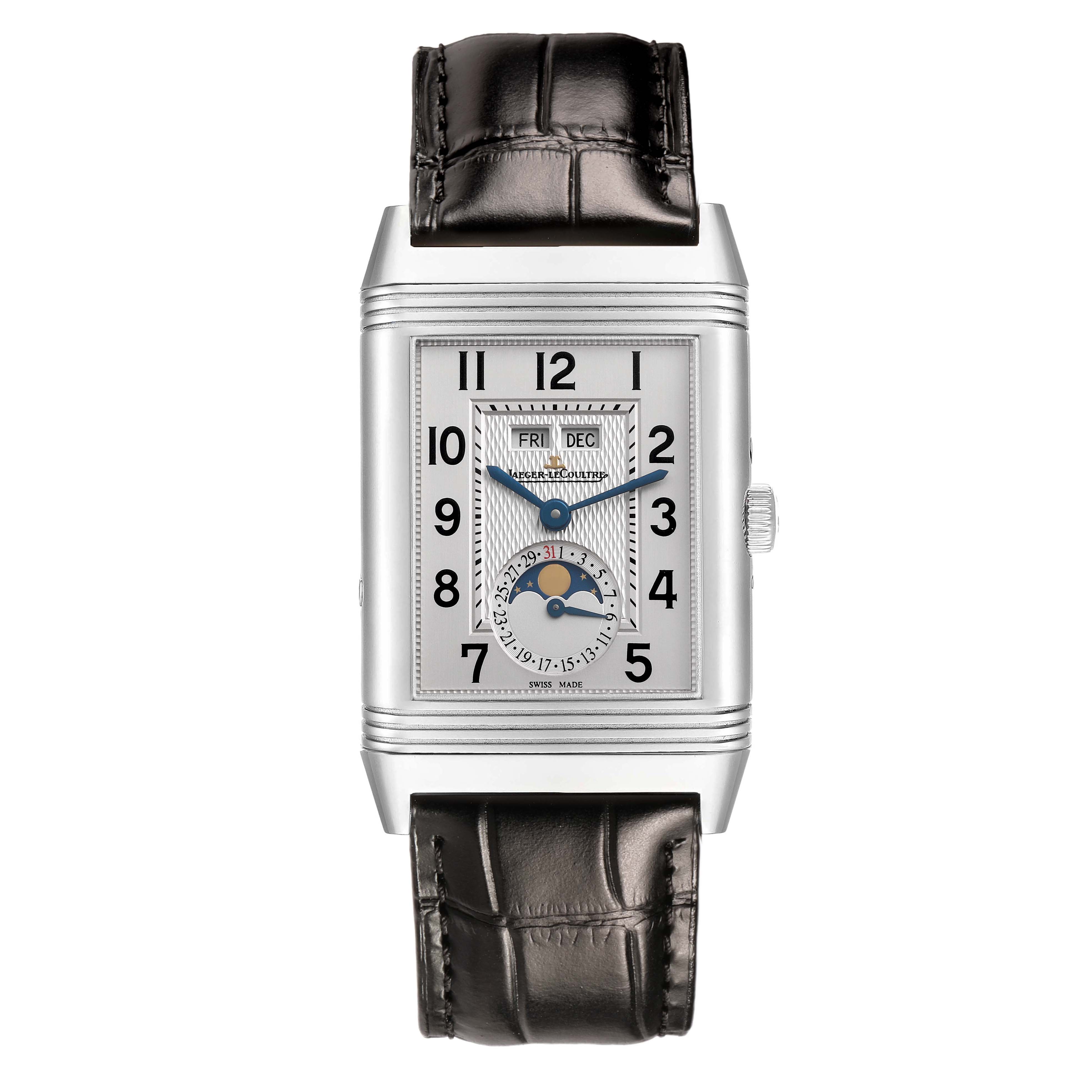 The image shows a frontal view of the Jaeger LeCoultre Reverso Q3758420 Men's Stainless Steel Silver Dial with a rectangular face, calendar, and moon phase features.