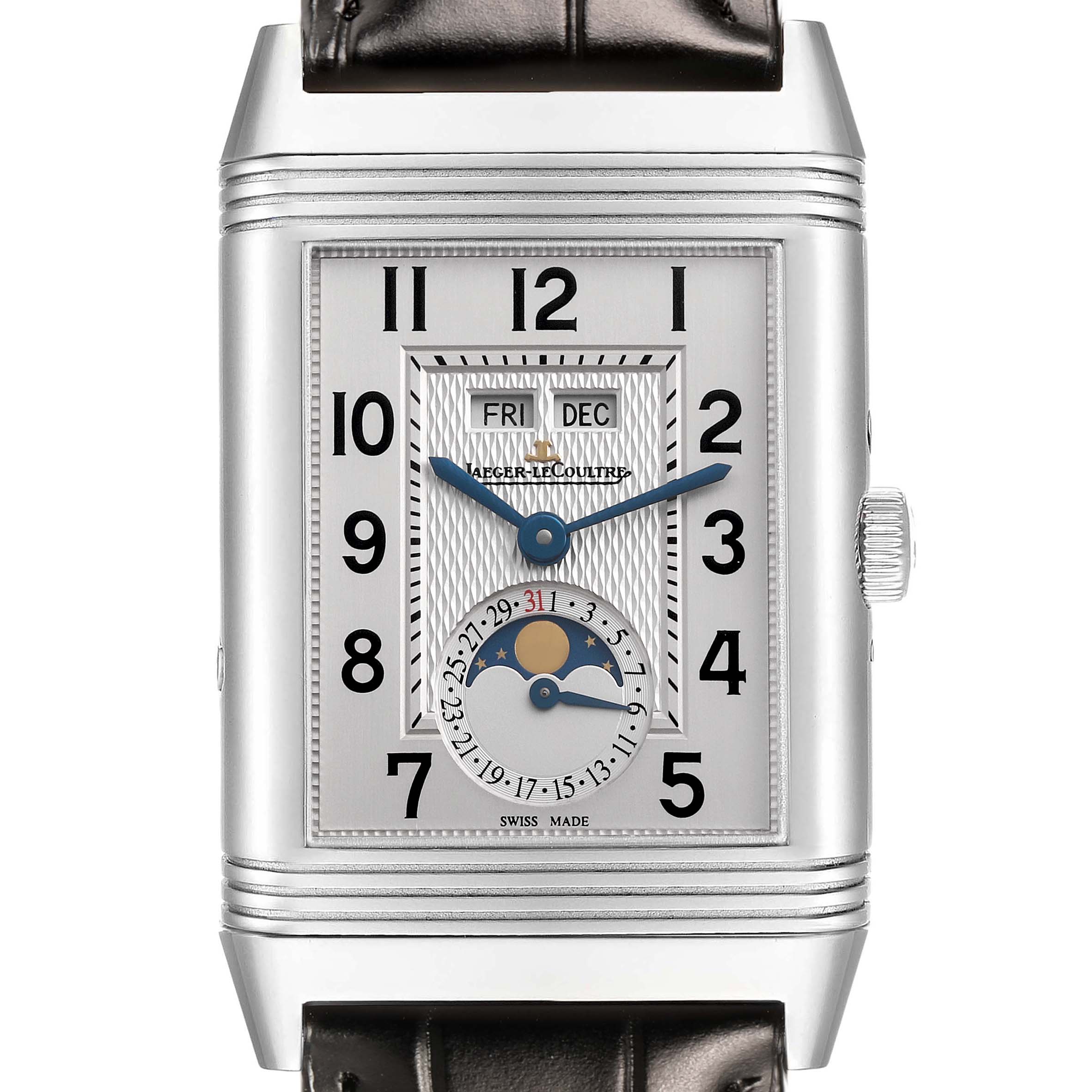 The Jaeger-LeCoultre Reverso watch is shown from the front, displaying its dial, hands, date, day, and moon phase features.