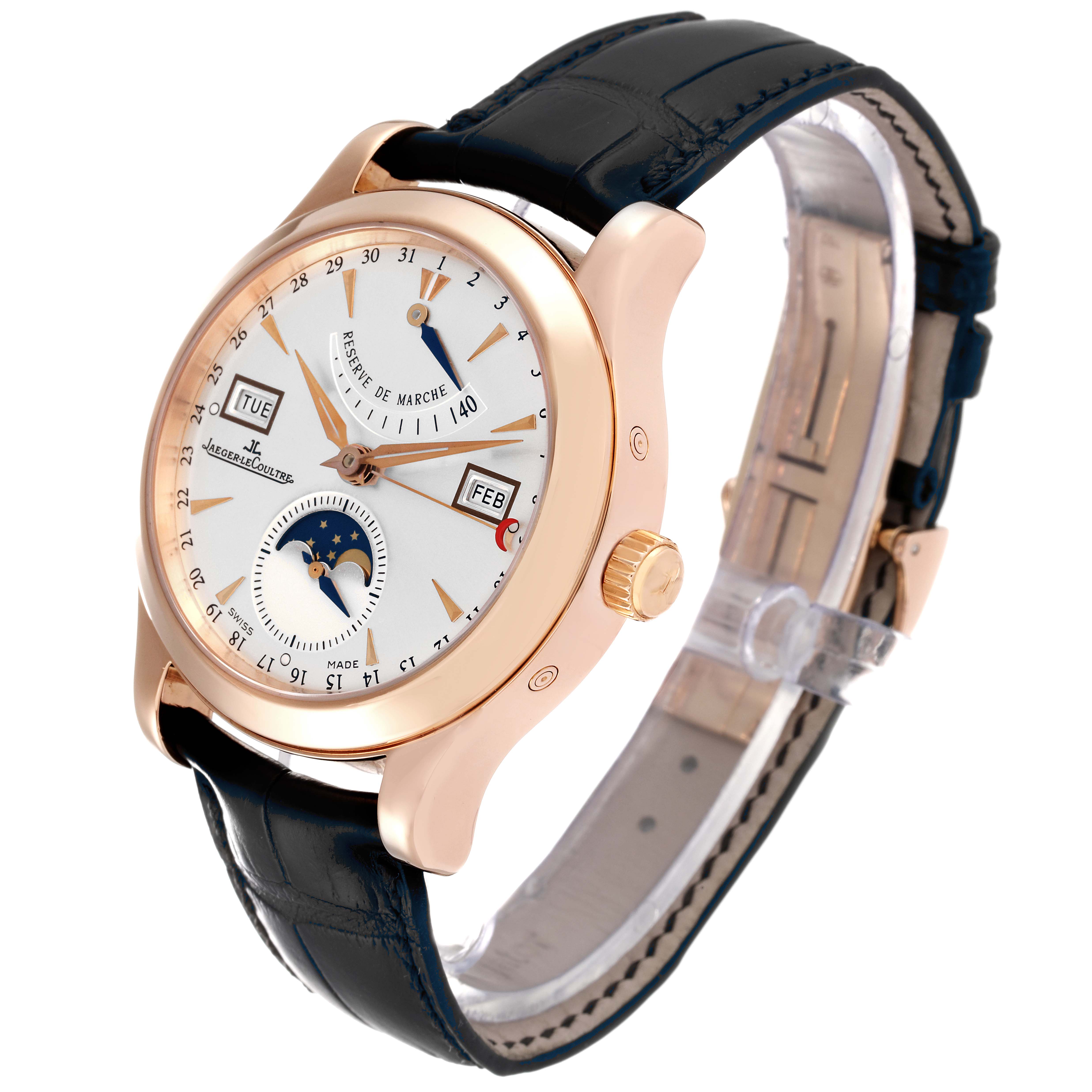 The Jaeger LeCoultre Master Q1512Y2A Men
s Rose Gold Silver Dial Q1512Y2A Men
s Rose Gold Silver Dial model watch is shown at a three-quarter angle, highlighting the face, crown, and leather strap.