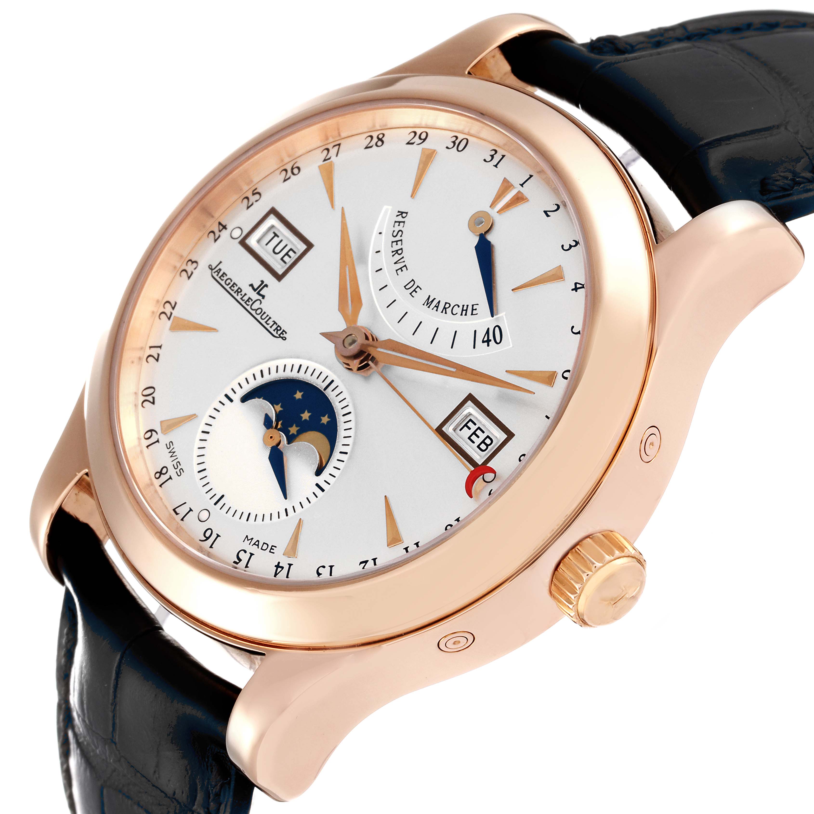 The image shows a Jaeger LeCoultre Master Q1512Y2A Men
s Rose Gold Silver Dial Q1512Y2A Men
s Rose Gold Silver Dial model watch, angled to display its dial, crown, strap, and various complications.