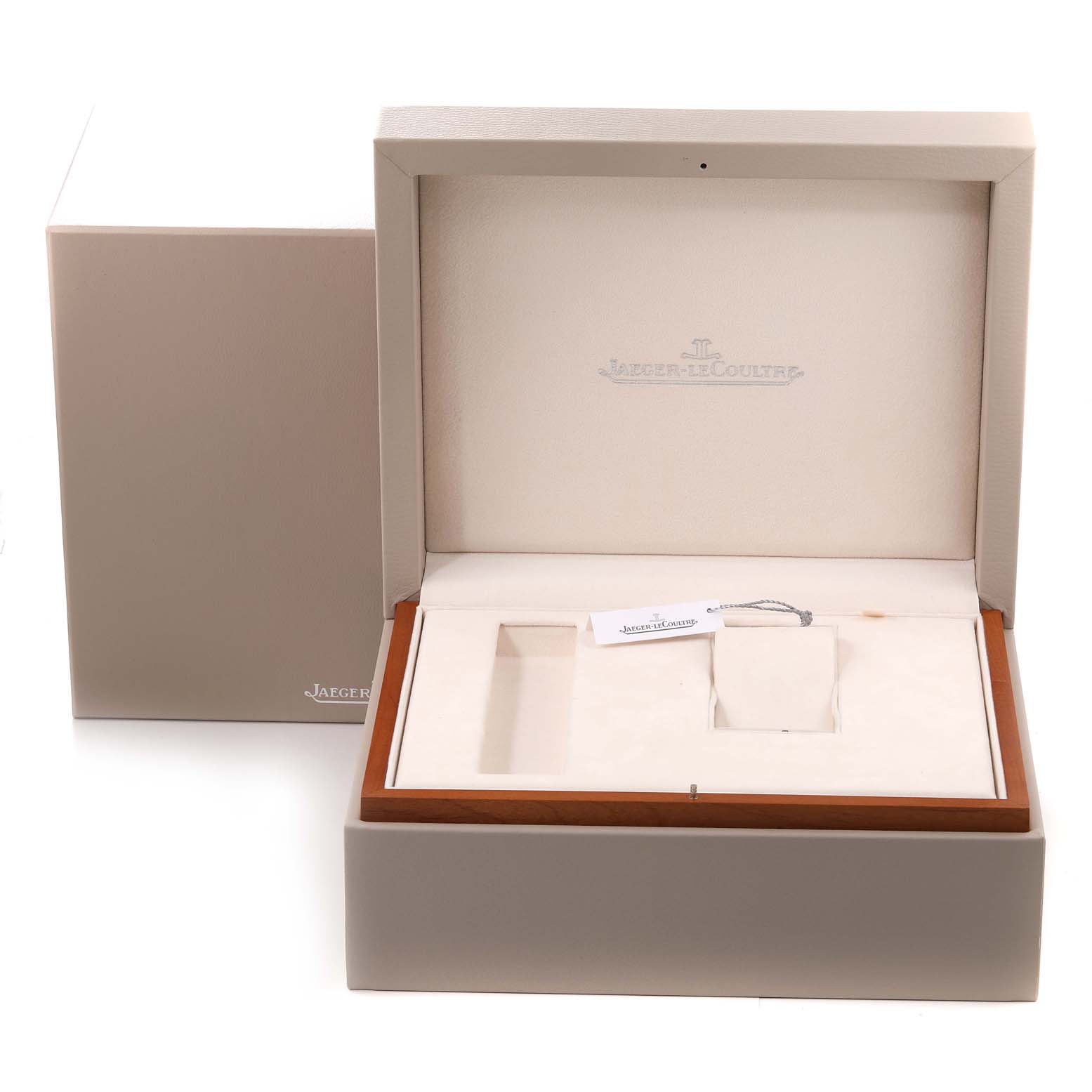 The image shows the open packaging box of a Jaeger LeCoultre Master Q1512Y2A Men
s Rose Gold Silver Dial Q1512Y2A Men
s Rose Gold Silver Dial model watch.