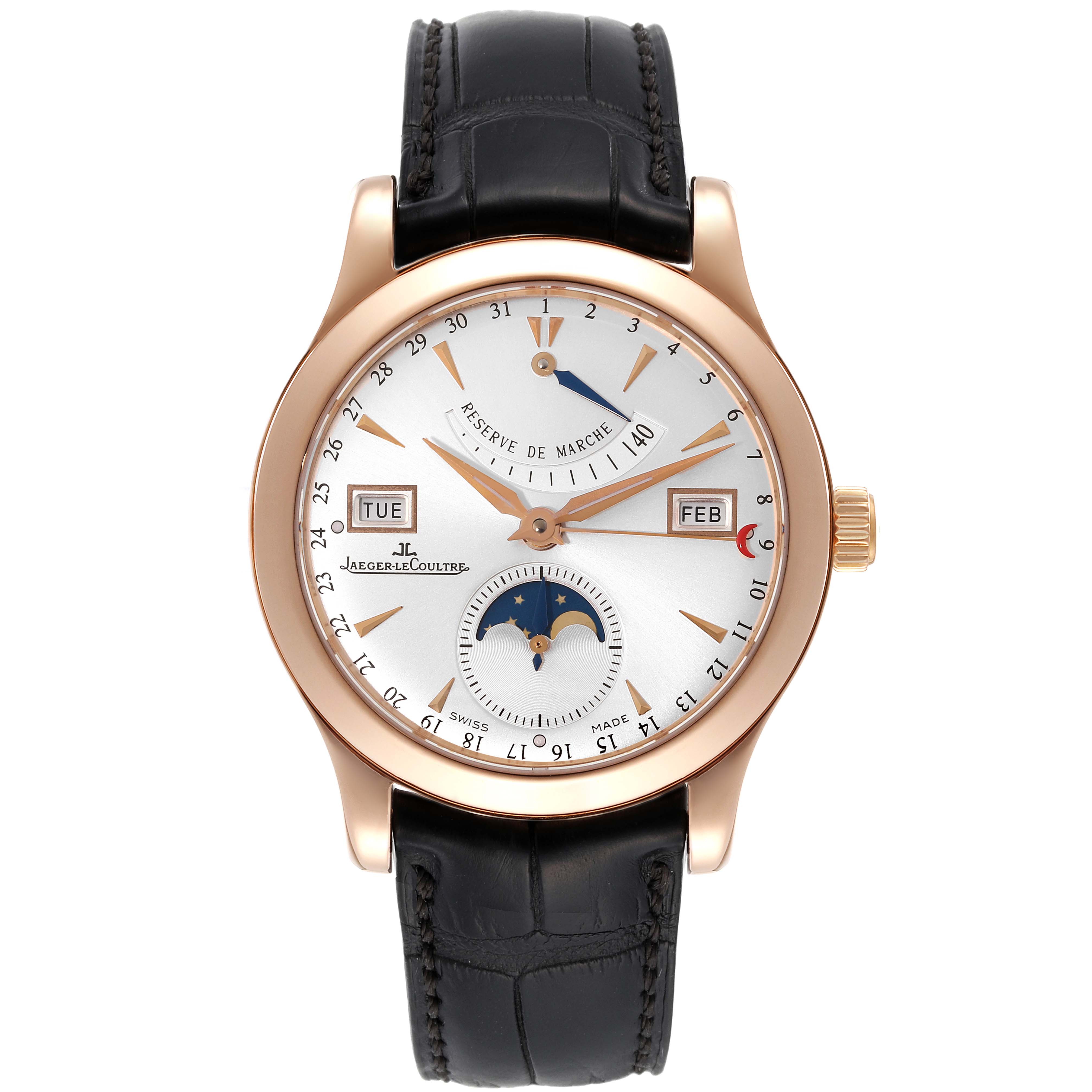 The Jaeger LeCoultre Master Q1512Y2A Men
s Rose Gold Silver Dial Q1512Y2A Men
s Rose Gold Silver Dial model watch is shown from a front angle, highlighting its face, strap, and bezel.
