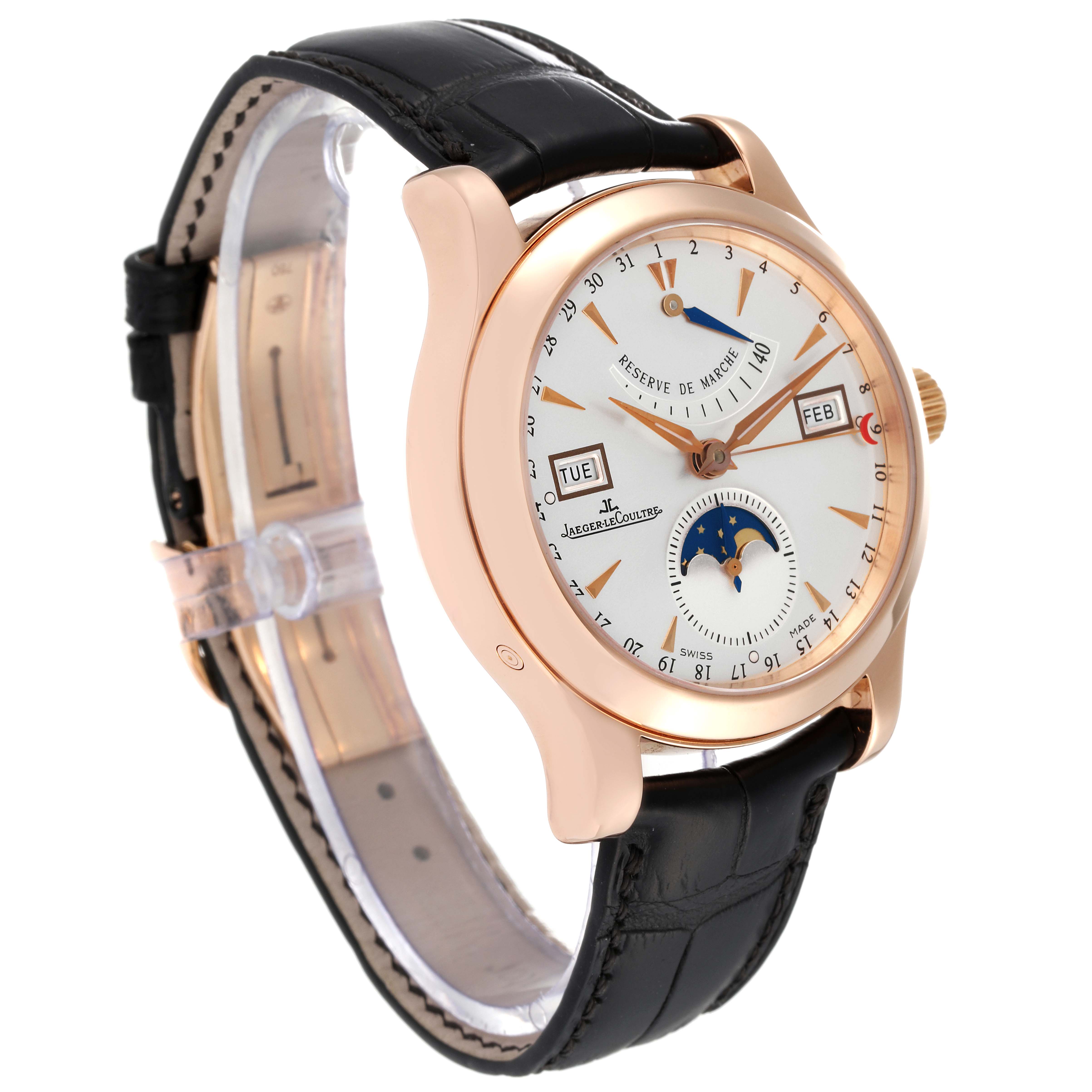 This image shows a Jaeger LeCoultre Master Q1512Y2A Men
s Rose Gold Silver Dial Q1512Y2A Men
s Rose Gold Silver Dial model watch at a three-quarter angle, highlighting its dial, case, and band.