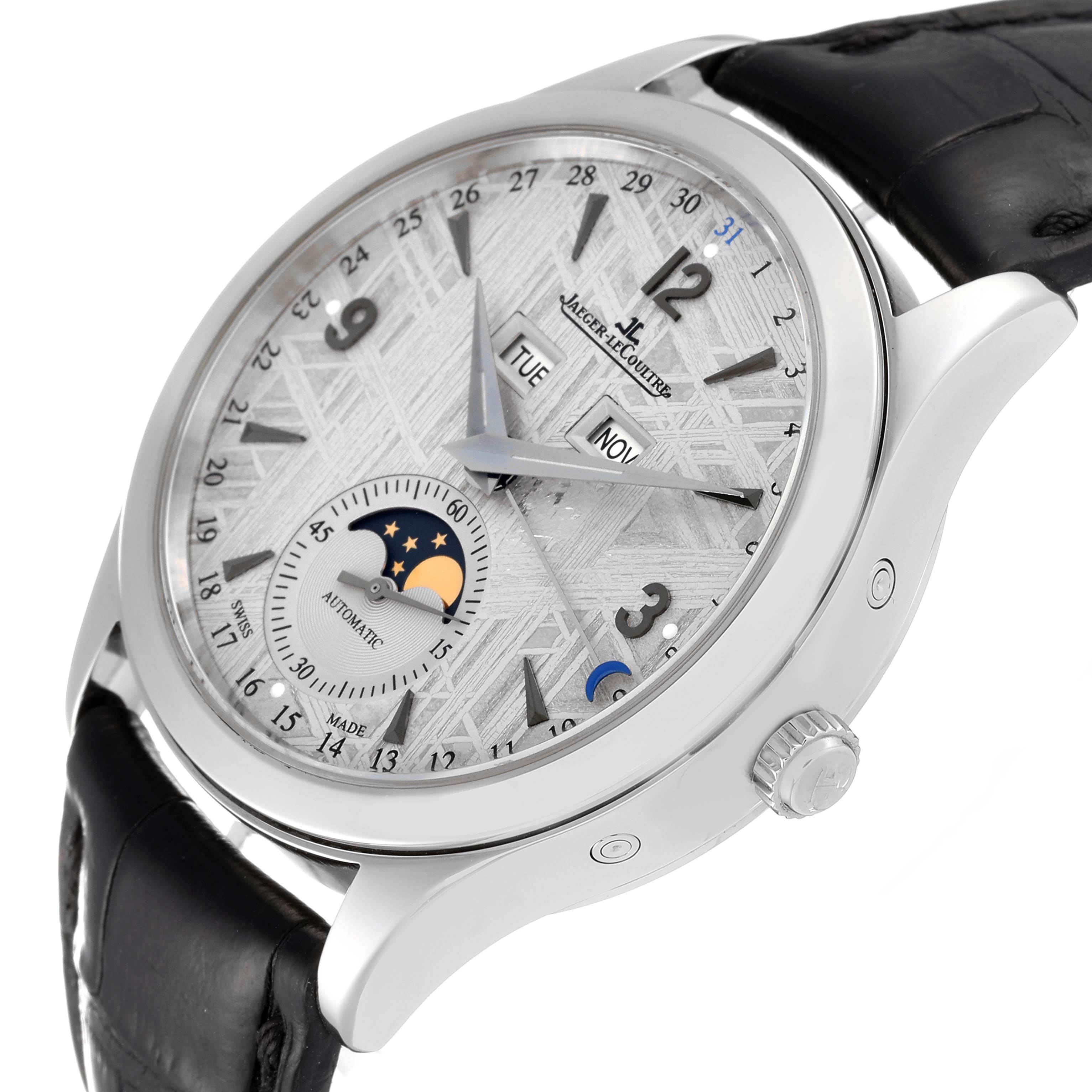 This image shows a close-up and angled view of the watch face and leather strap of a Jaeger-LeCoultre Master model.