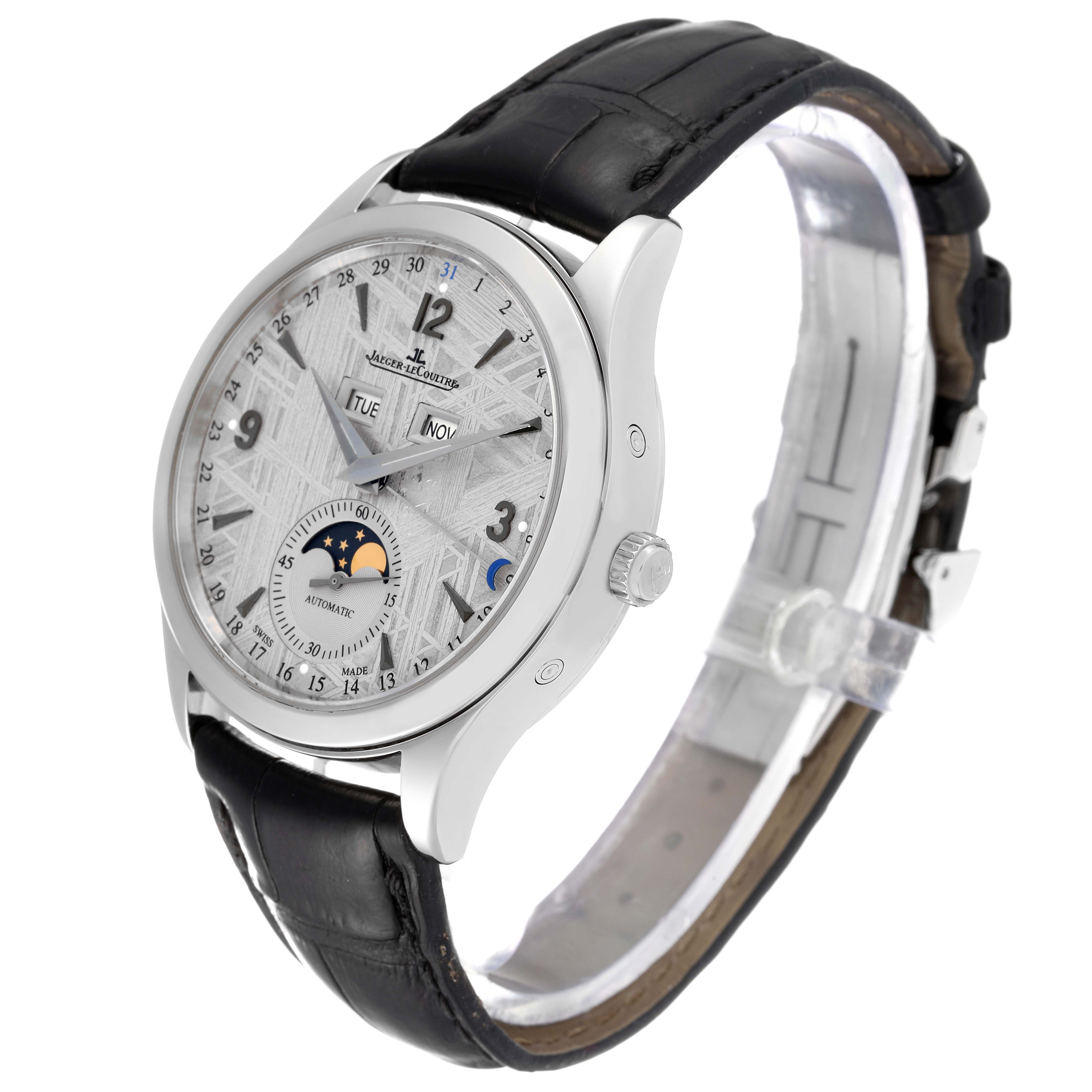 The watch, Jaeger LeCoultre Master Q1558421 Men's Stainless Steel Silver Dial Q1558421 Men's Stainless Steel Silver Dial model, is shown at a three-quarter angle, displaying its face, crown, and black leather strap.