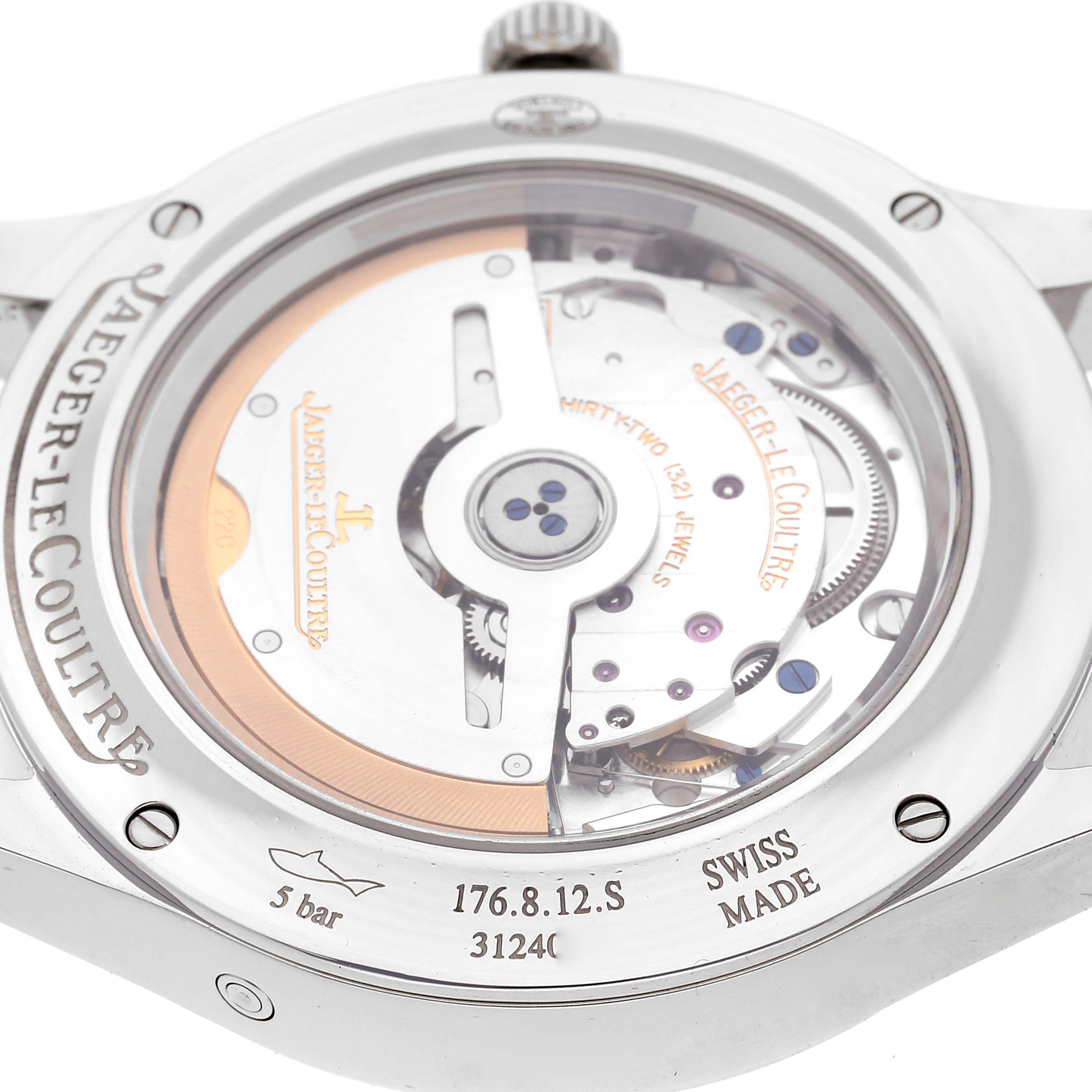 The image shows the case back of the Jaeger-LeCoultre Master model watch, revealing its intricate movement and rotor.