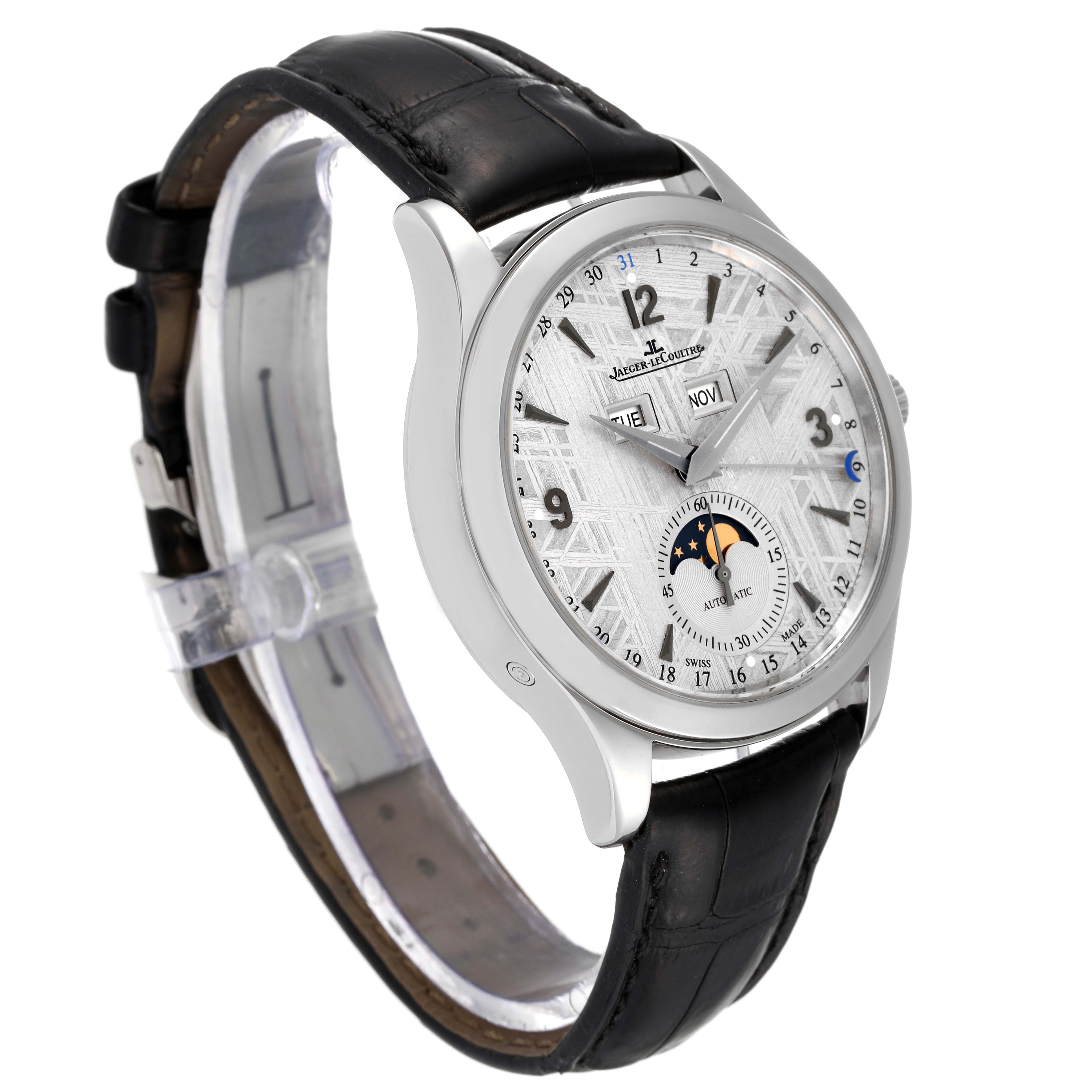 This is a side-angle view of a Jaeger LeCoultre Master Q1558421 Men's Stainless Steel Silver Dial Q1558421 Men's Stainless Steel Silver Dial watch, showcasing its dial, leather strap, and silver case.