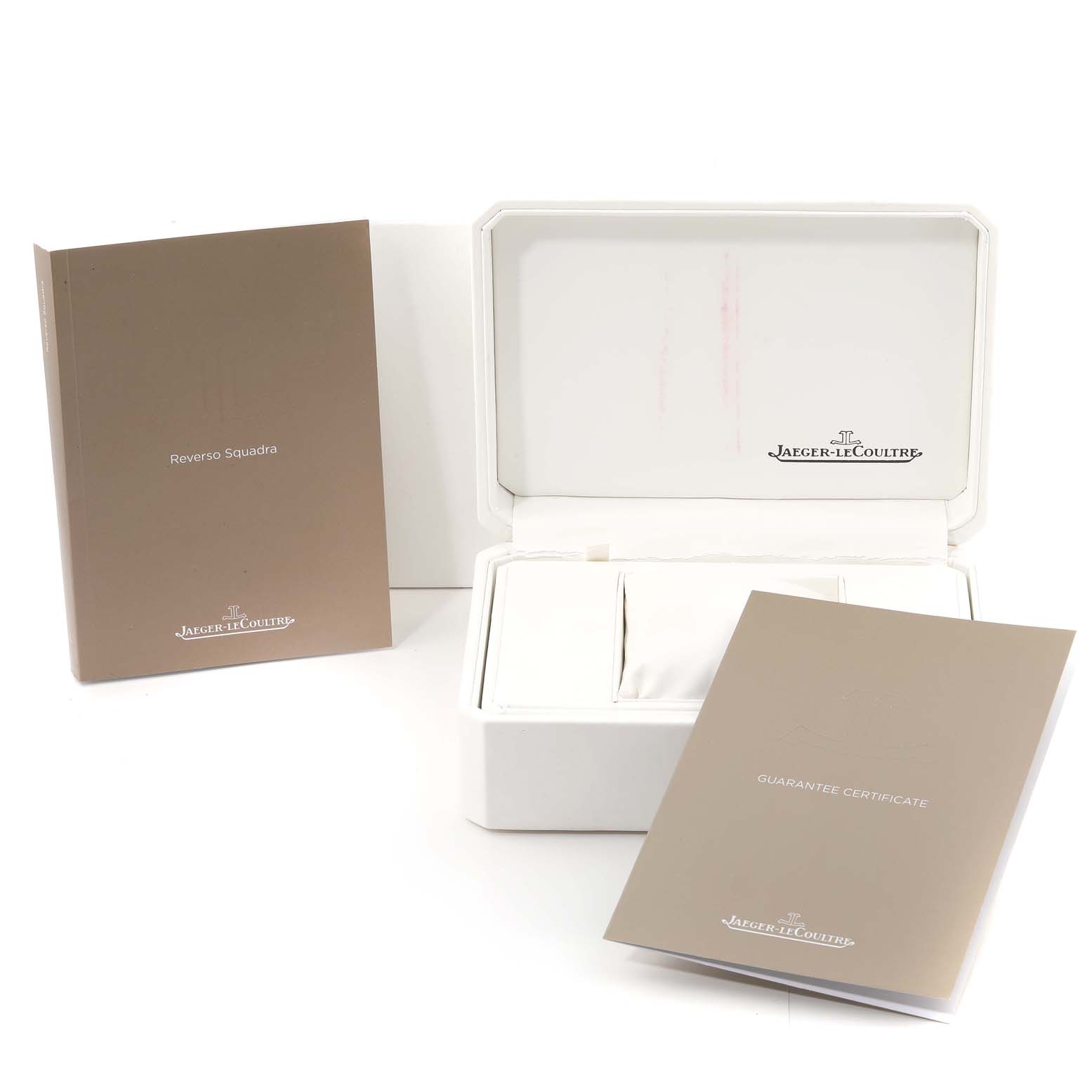 The image shows a Jaeger LeCoultre Master Q1558421 Men's Stainless Steel Silver Dial Q1558421 Men's Stainless Steel Silver Dial model watch box, guarantee certificate, and a Reverso Squadra booklet.