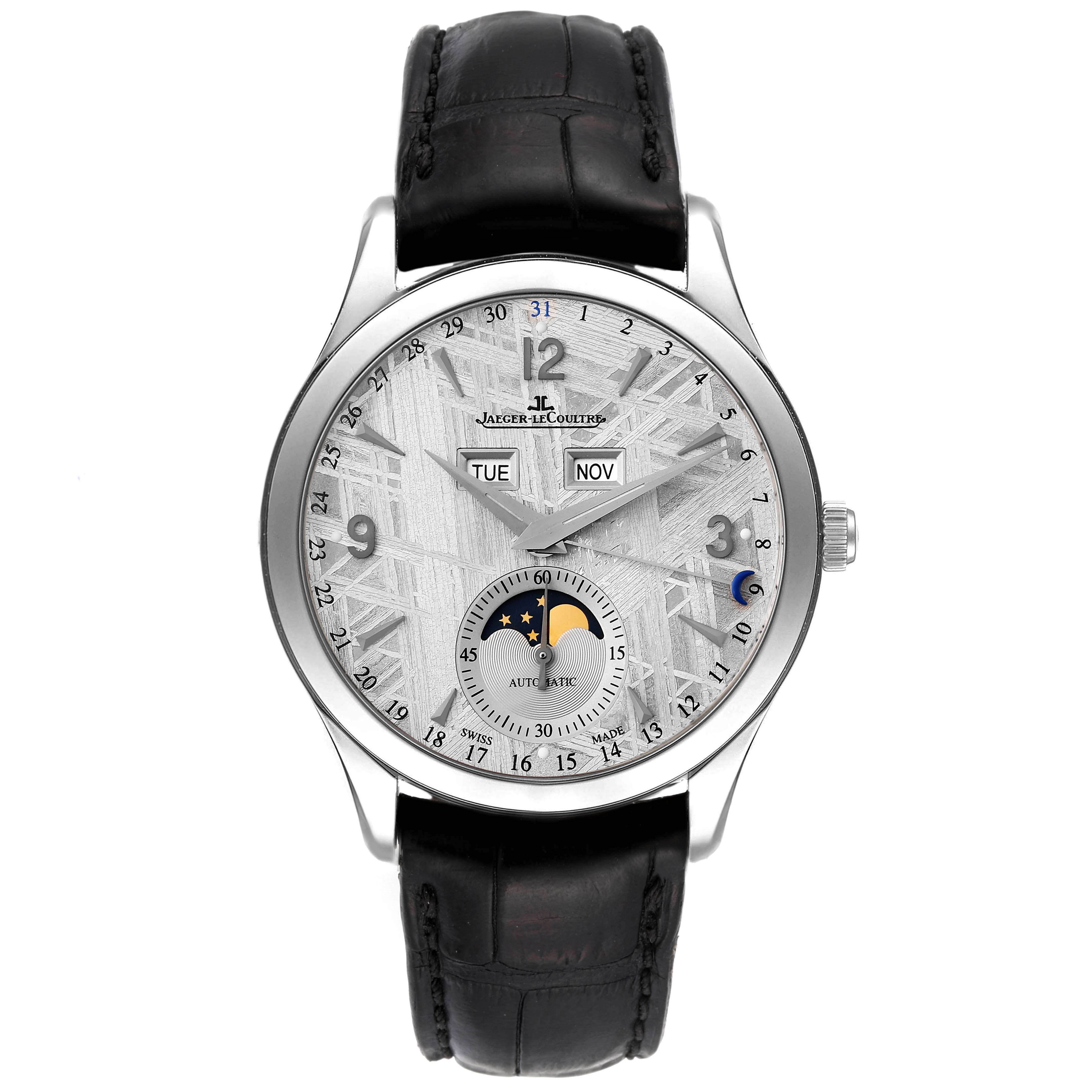 The image shows a front view of a Jaeger-LeCoultre Master model watch, featuring the dial, day, month, and moon phase indicators.