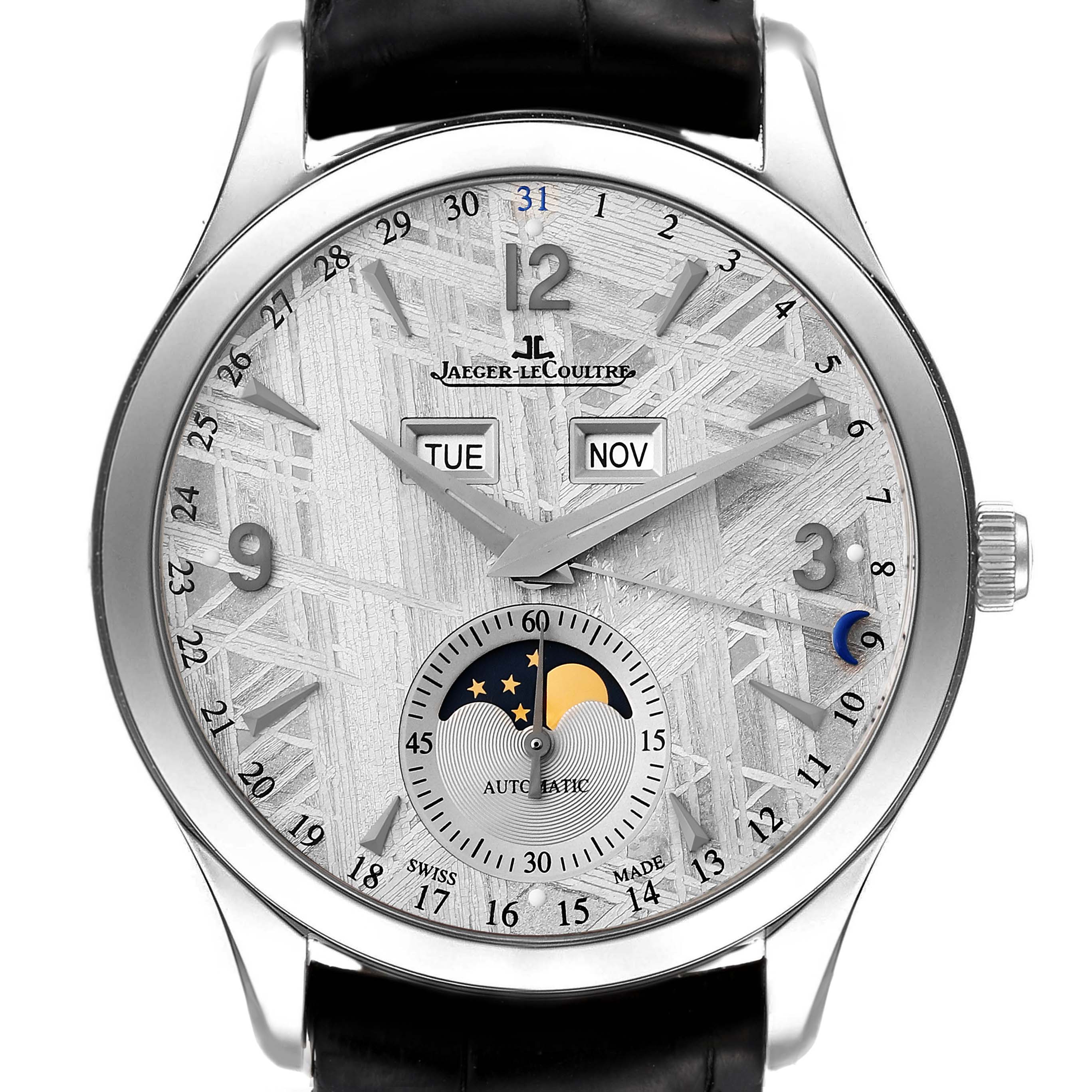 The image shows a front view of a Jaeger LeCoultre Master Q1558421 Men's Stainless Steel Silver Dial Q1558421 Men's Stainless Steel Silver Dial watch featuring time, date, day, month, and moon phase complications.