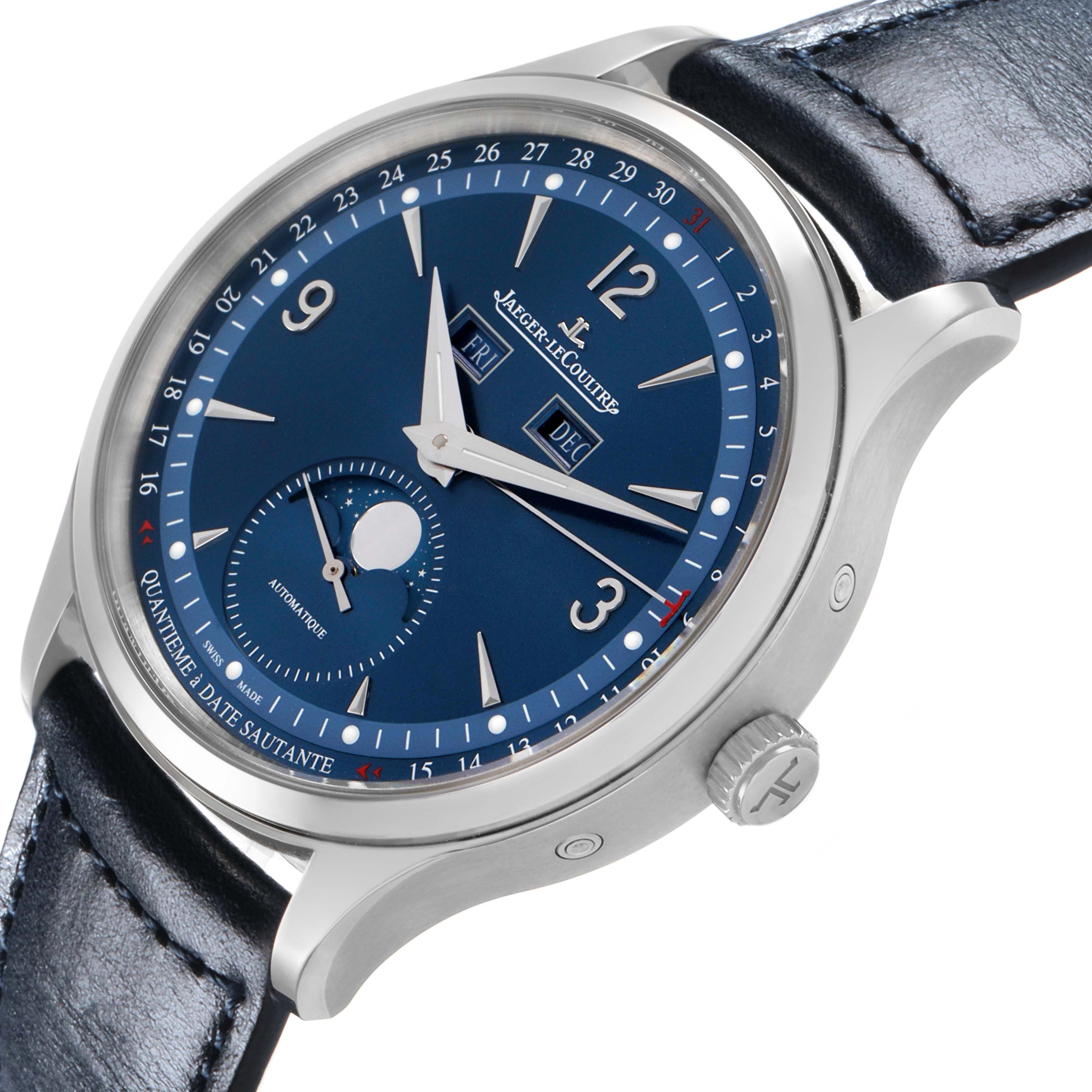 The Jaeger LeCoultre Master Q4148480 Men's Stainless Steel Blue Dial watch is shown at a slightly tilted angle, displaying its blue dial, calendar, moon phase, and side crown.
