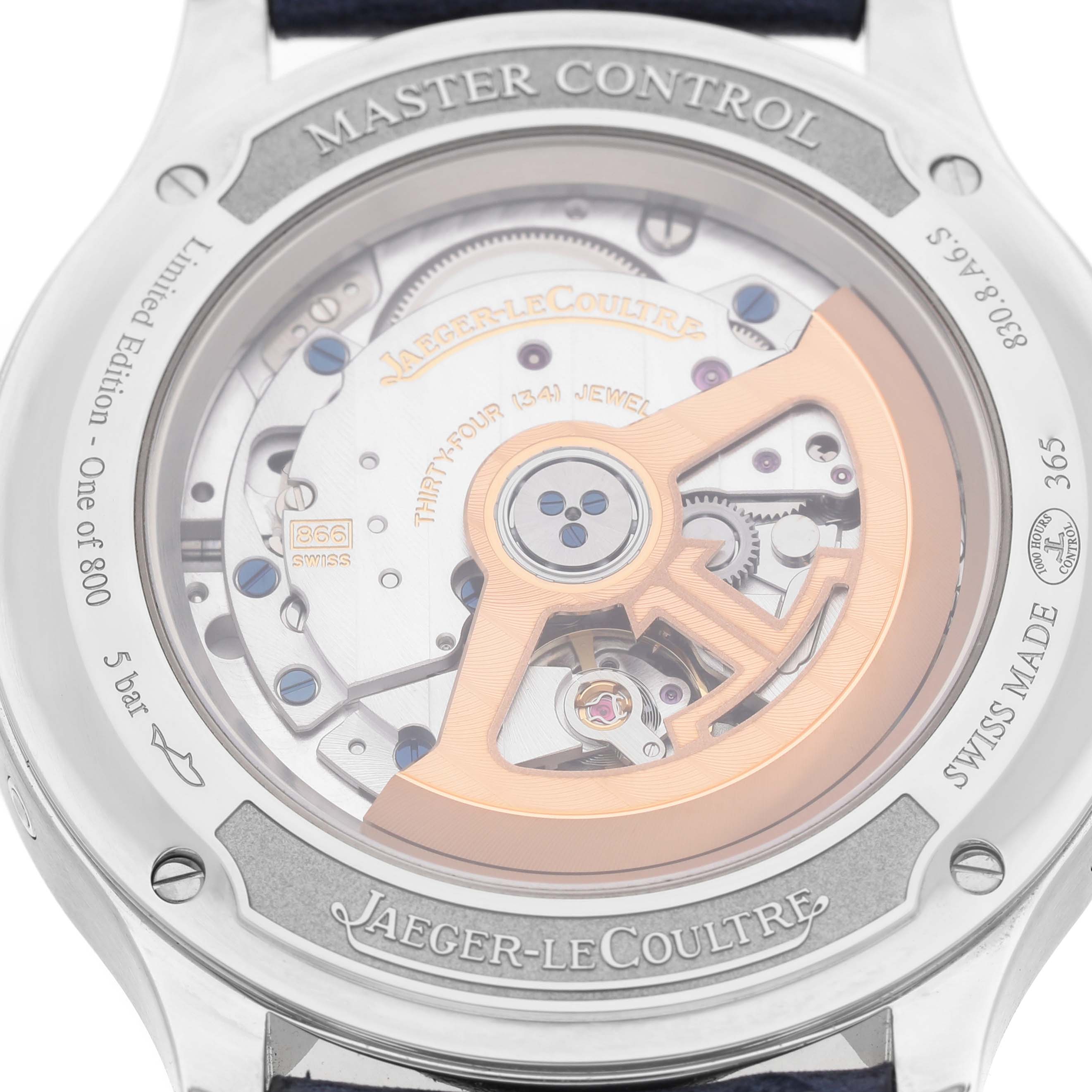 The image shows the back view of the Jaeger-LeCoultre Master watch, highlighting its movement and rotor.