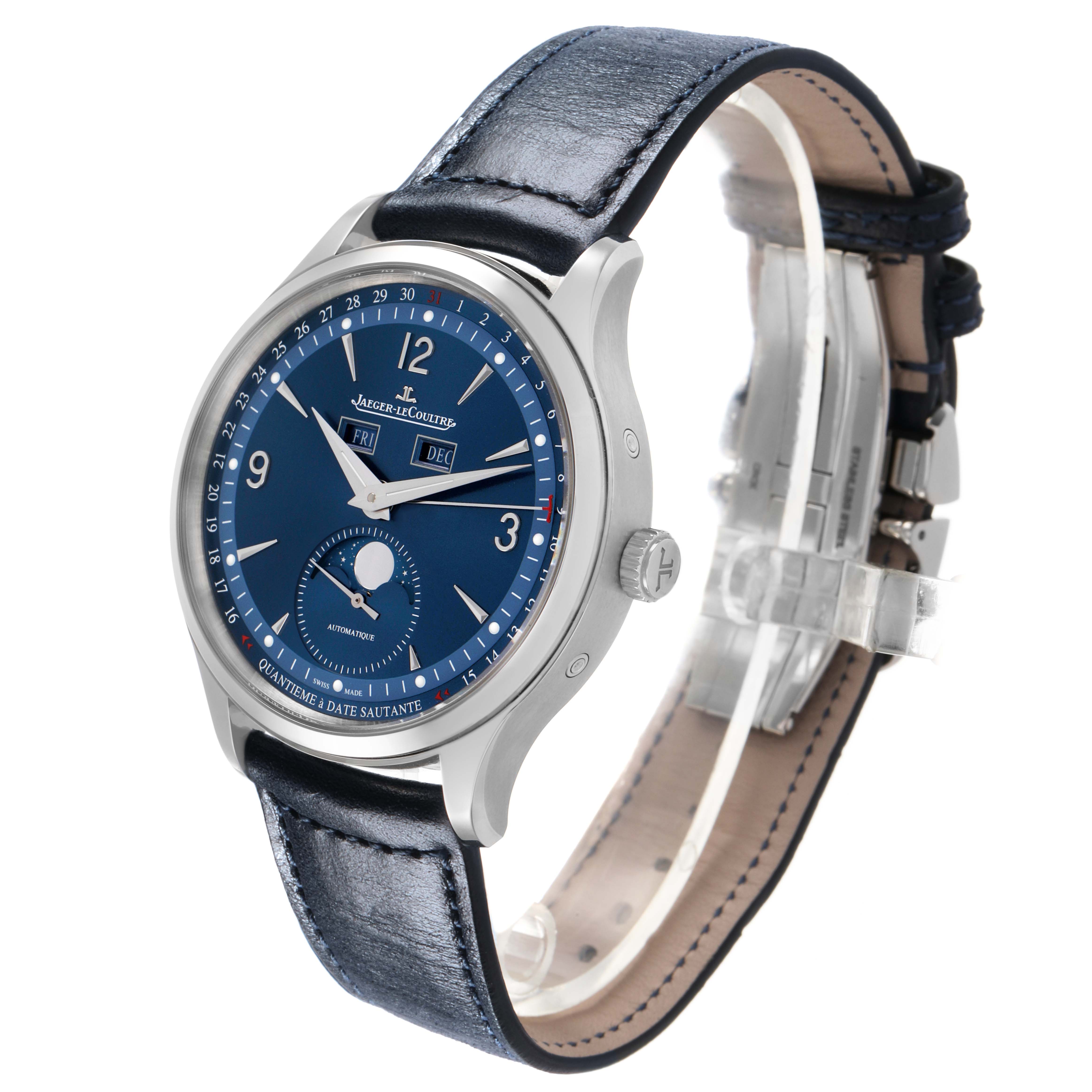 The Jaeger LeCoultre Master Q4148480 Men's Stainless Steel Blue Dial watch is shown at a three-quarter angle, highlighting the blue dial, case, and leather strap.