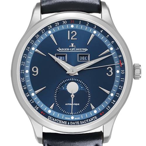 The Jaeger LeCoultre Master Q4148480 Men's Stainless Steel Blue Dial watch is shown from the front, highlighting its blue dial, day, date, and month displays, with a moon phase indicator.