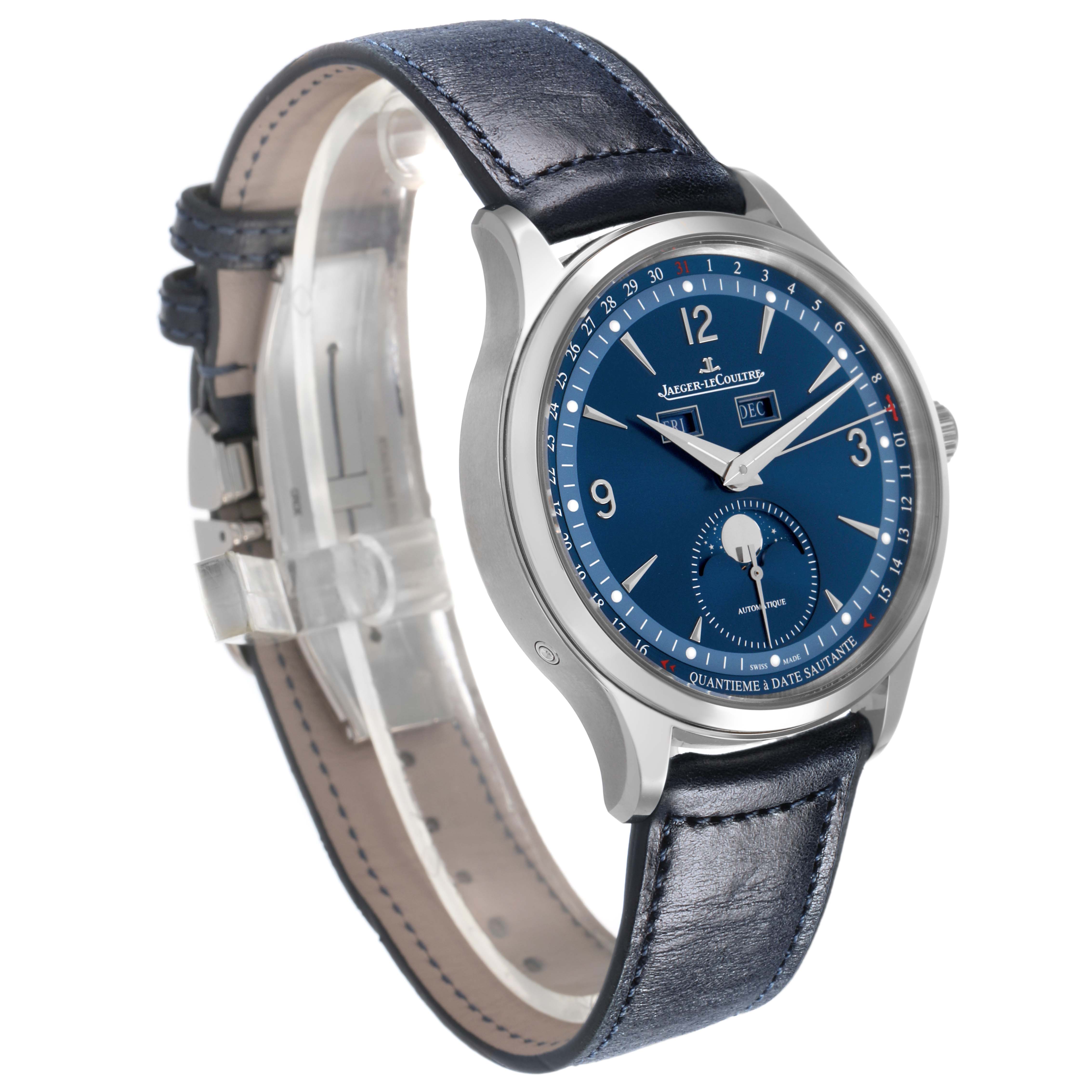 The Jaeger-LeCoultre Master watch is shown at a three-quarter angle displaying the blue dial, leather strap, and clasp.