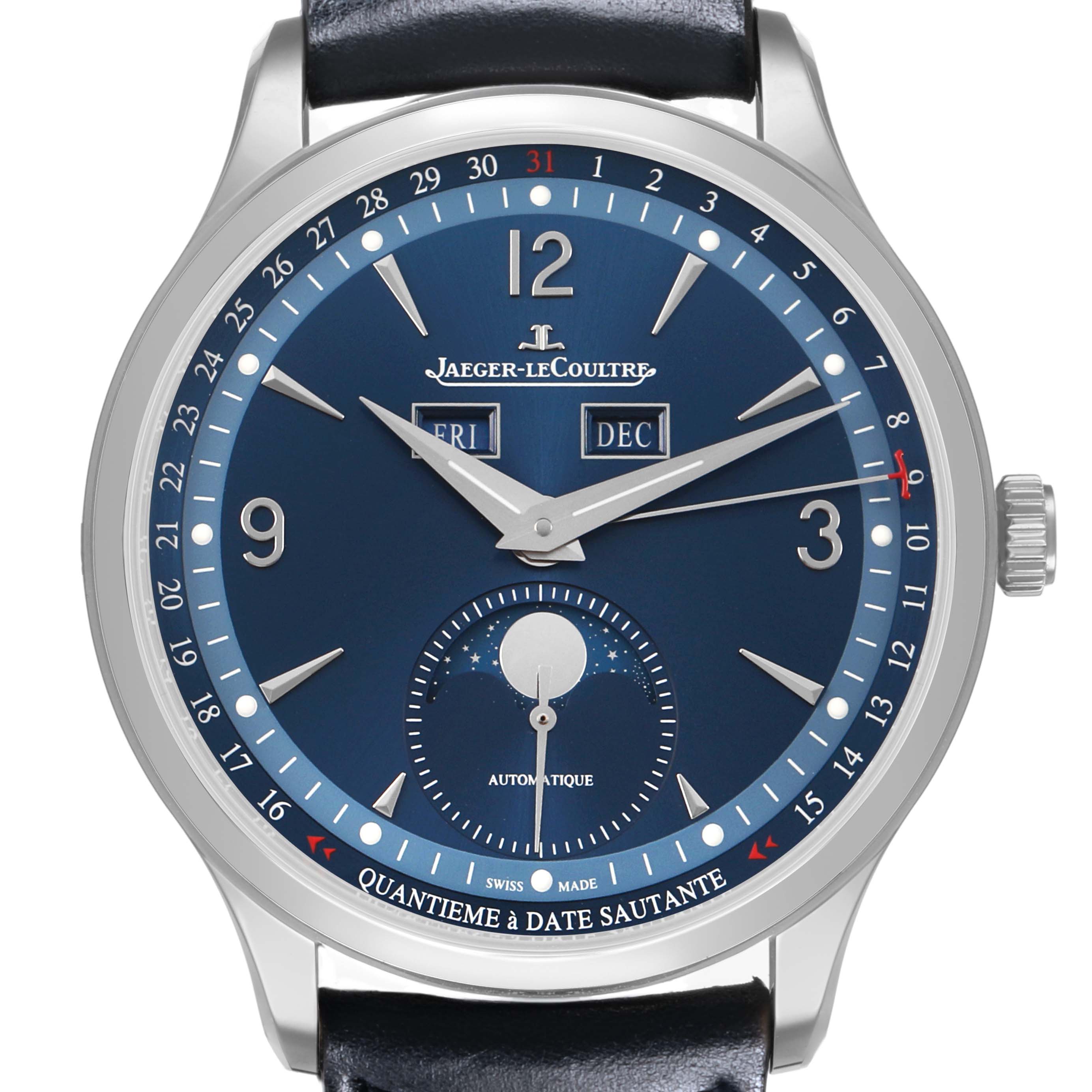 The Jaeger LeCoultre Master Q4148480 Men's Stainless Steel Blue Dial watch is shown from the front, highlighting the dial, hands, and day-date display.