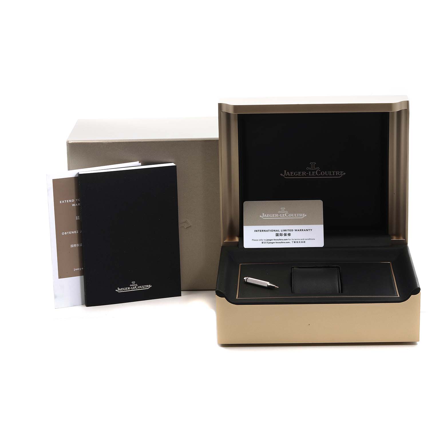 The image shows the packaging for a Jaeger LeCoultre Master Q4148480 Men's Stainless Steel Blue Dial model, including a box, booklet, warranty card, and pen.