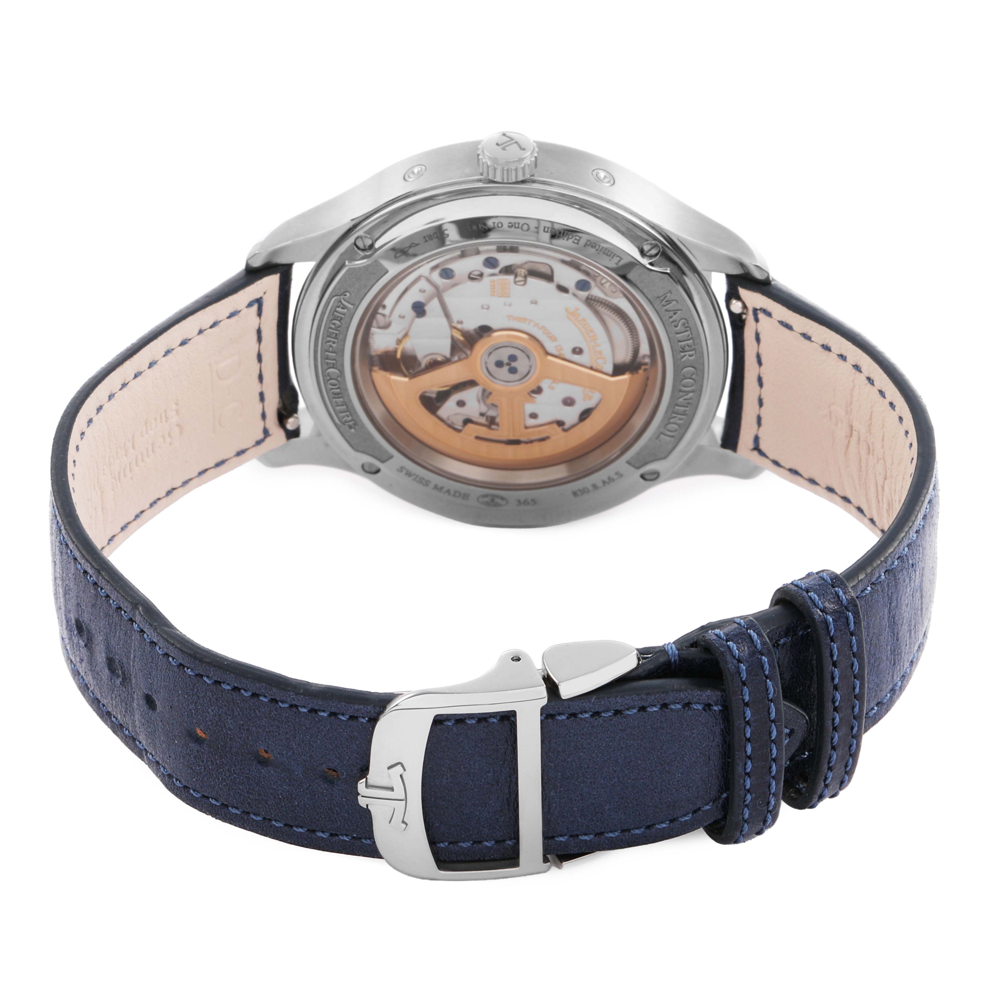 This image shows the back of the Jaeger-LeCoultre Master model, highlighting its transparent case back and blue leather strap.