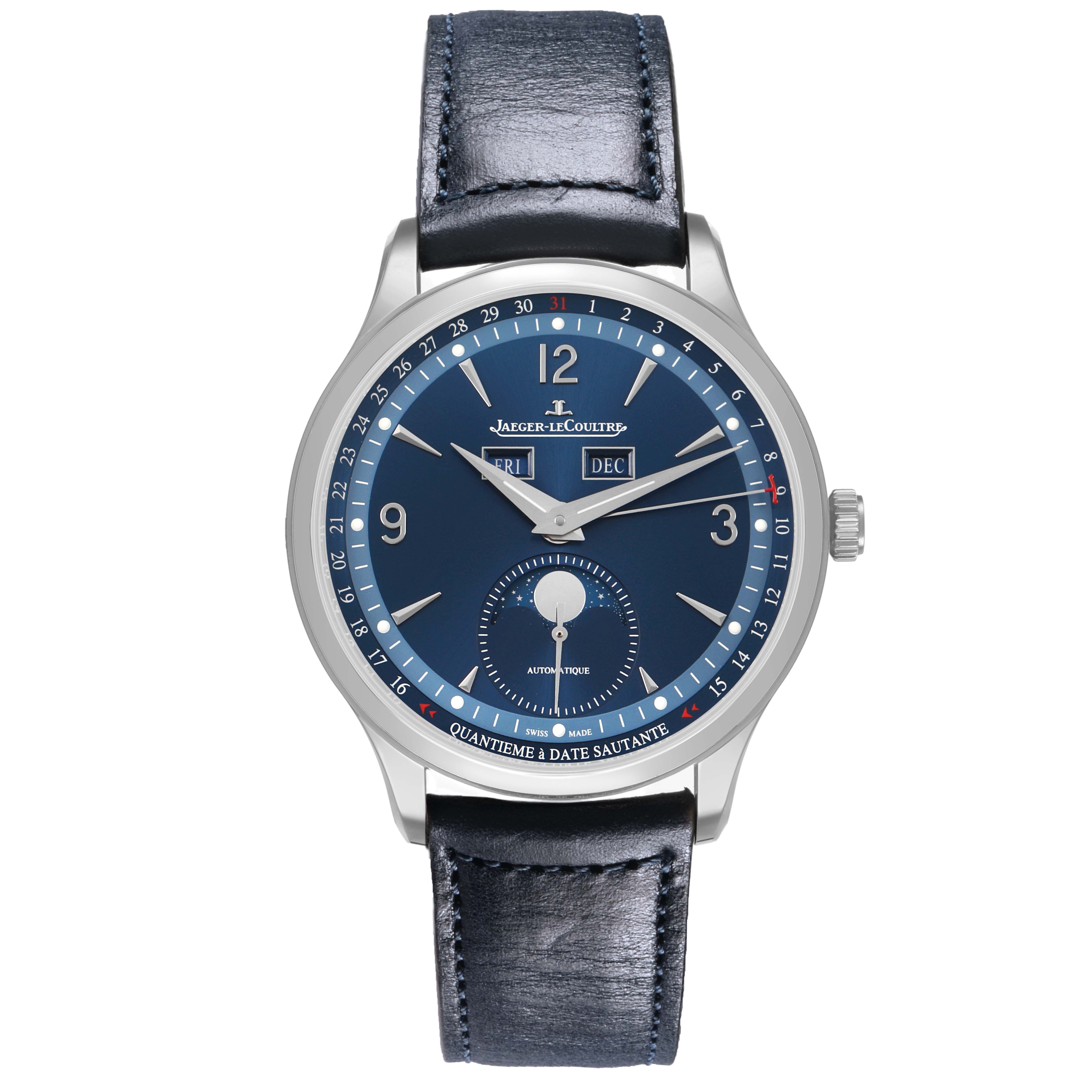 The Jaeger-LeCoultre Master watch is shown from the front, displaying the dial, date, day, month, and leather strap.