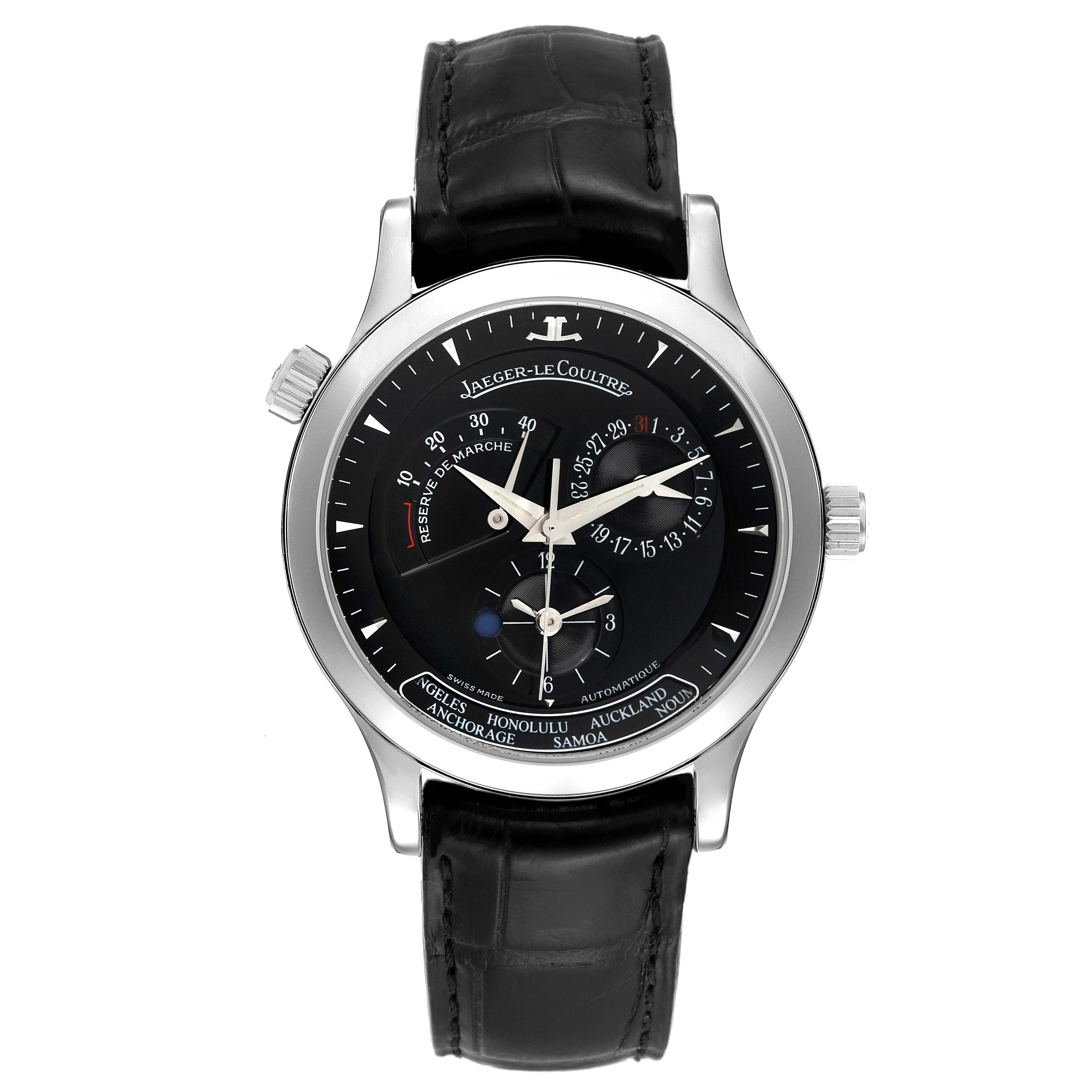 The image shows a front view of the Jaeger LeCoultre Master Q1428170 Men's Stainless Steel Black Dial Q1428170 Men's Stainless Steel Black Dial model watch, highlighting its black dial, subdials, and leather strap.