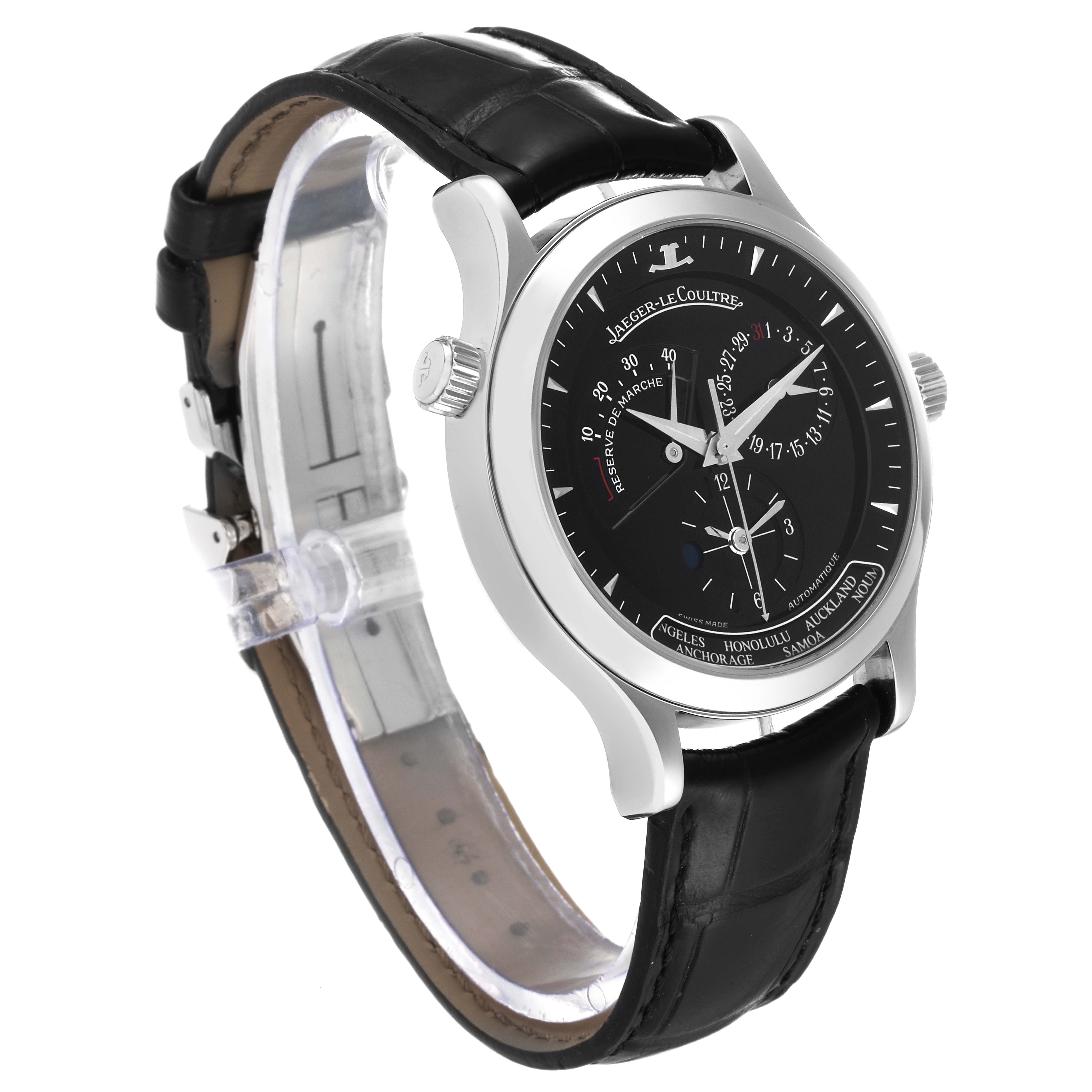 The Jaeger LeCoultre Master Q1428170 Men's Stainless Steel Black Dial Q1428170 Men's Stainless Steel Black Dial model watch is shown at a three-quarter angle, displaying the black dial, case, and black leather strap.