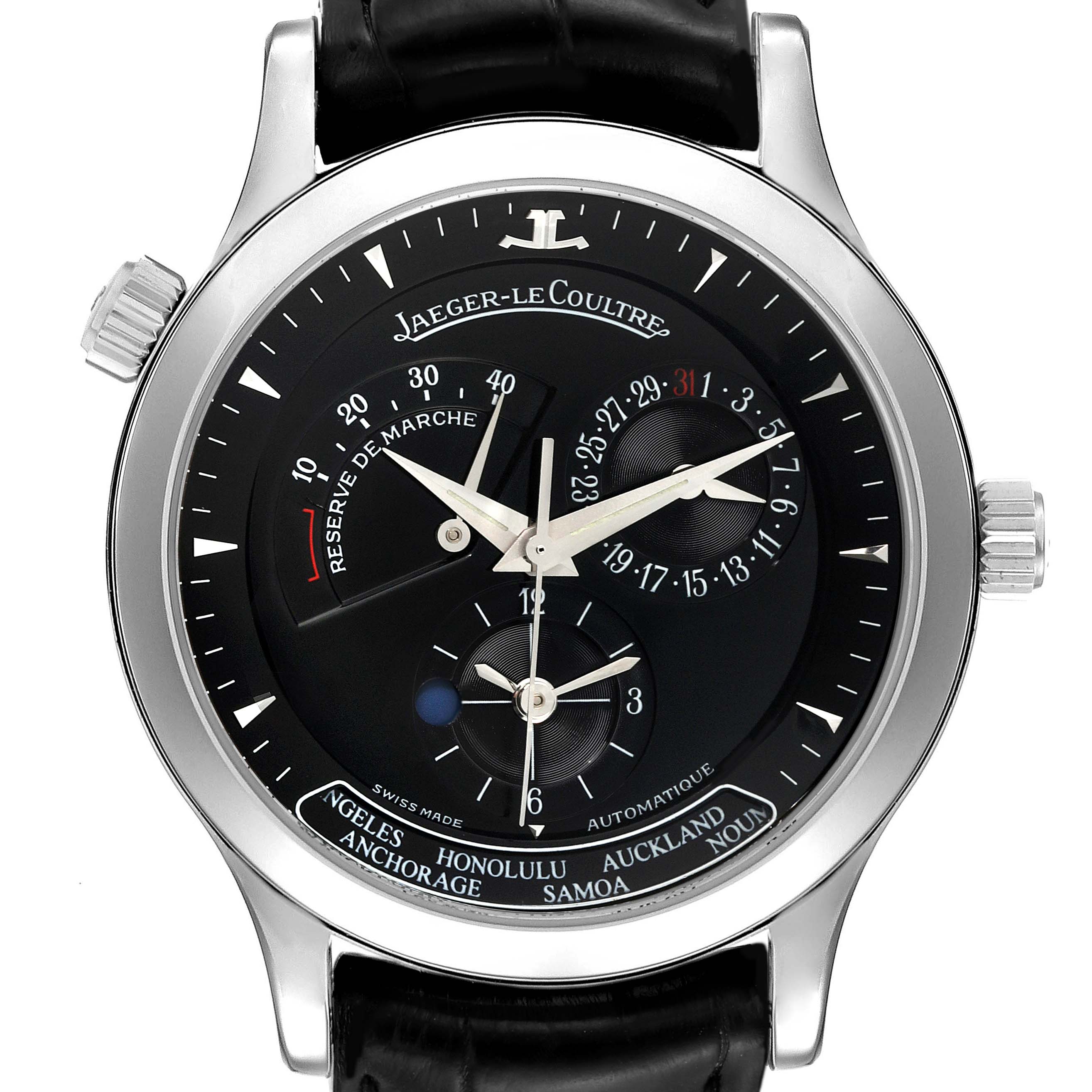 The image shows a front view of the Jaeger-LeCoultre Master model watch displaying the dial, hands, and complications.