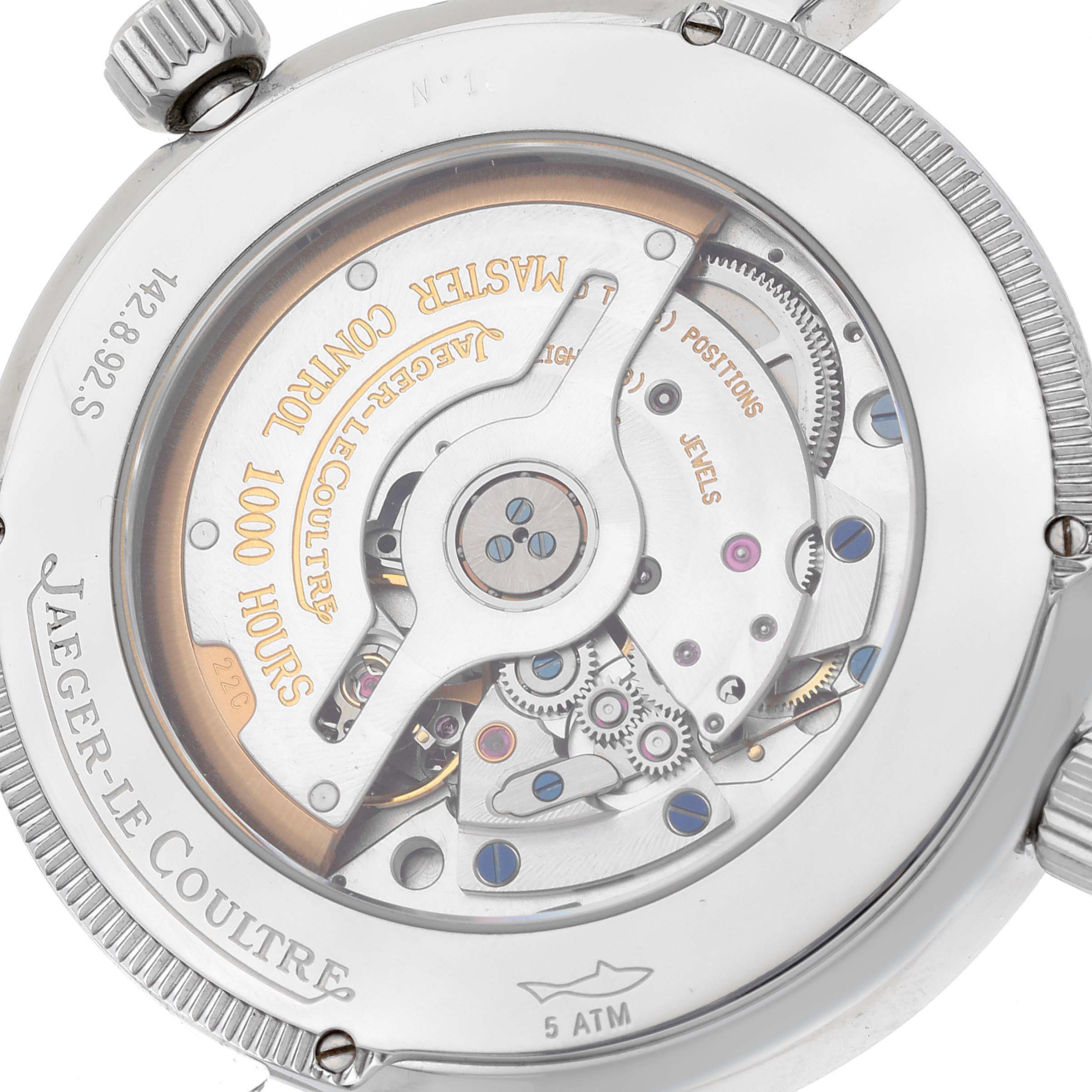 The image shows the back view of the Jaeger LeCoultre Master Q1428170 Men's Stainless Steel Black Dial Q1428170 Men's Stainless Steel Black Dial model, revealing its intricate mechanical movement.