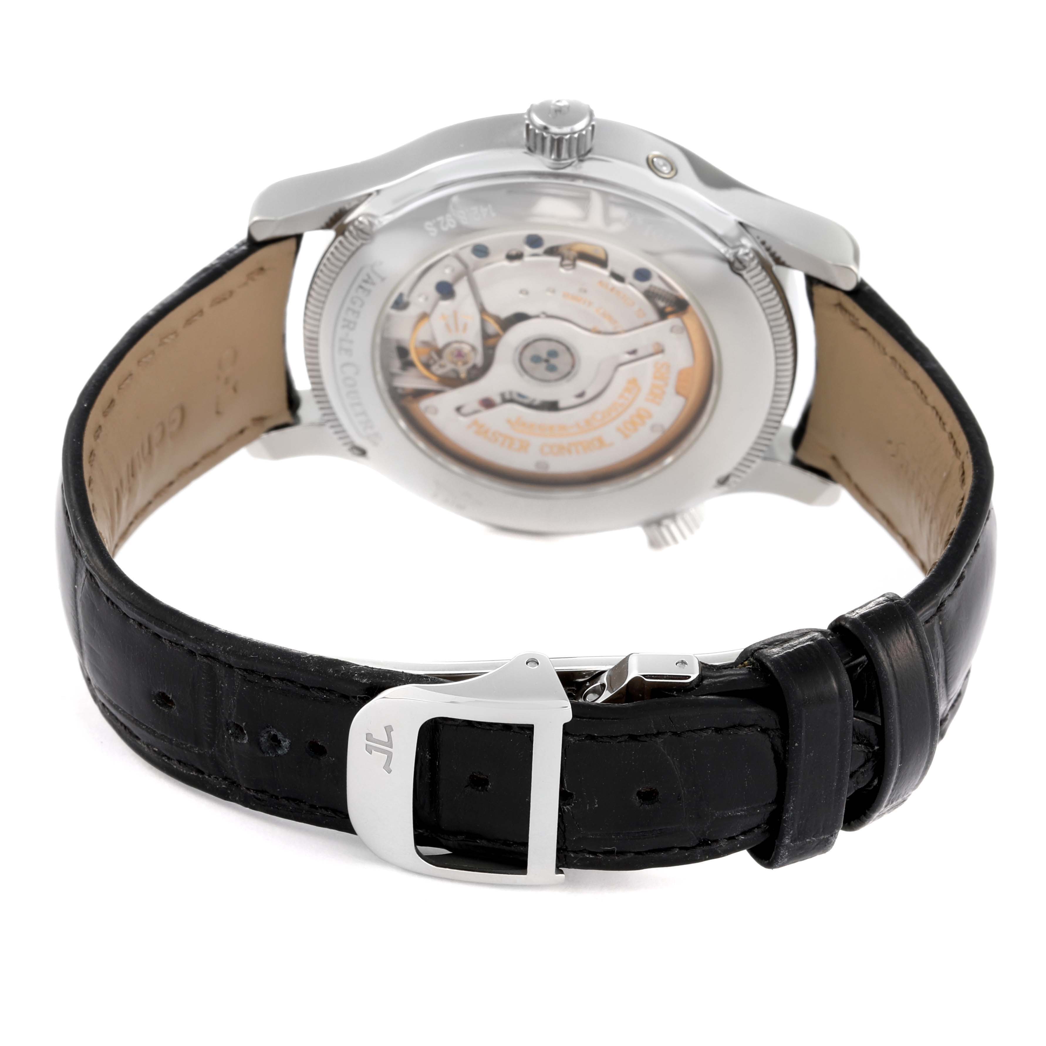 This Jaeger LeCoultre Master Q1428170 Men's Stainless Steel Black Dial Q1428170 Men's Stainless Steel Black Dial model watch is shown from the rear, displaying its movement and a black leather strap with buckle.