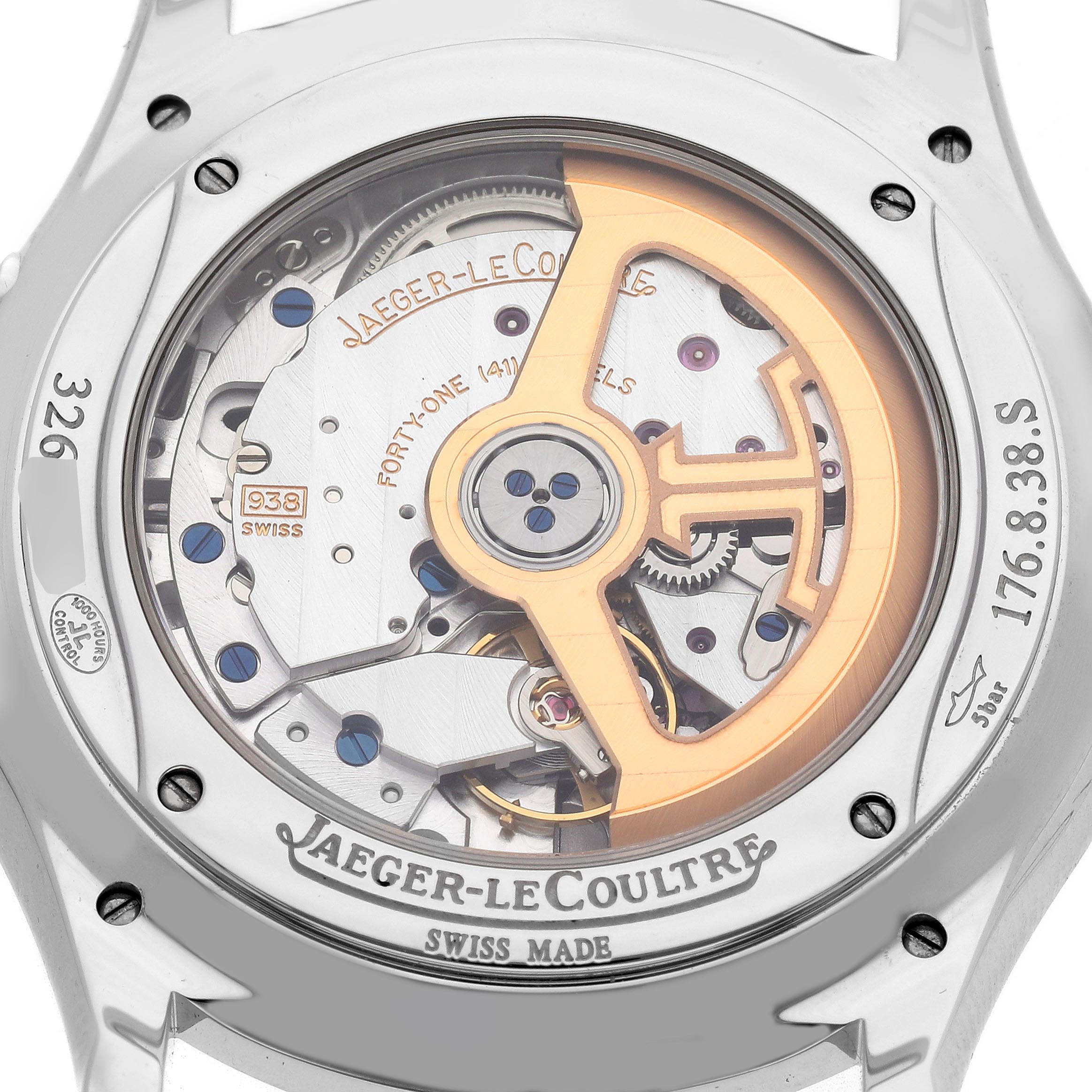 The image shows the back of a Jaeger-LeCoultre Master watch, highlighting the intricate movement and rotor.
