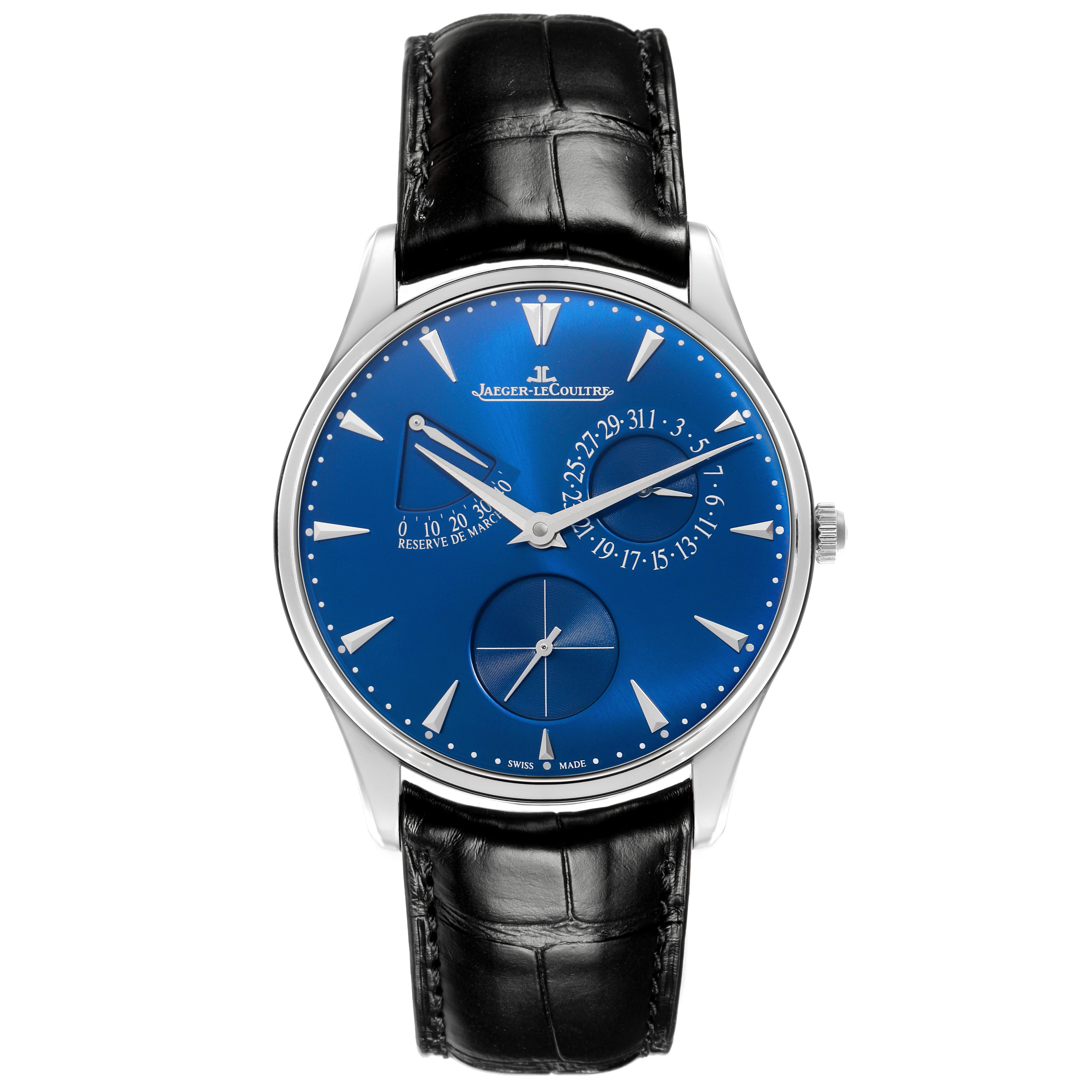 The Jaeger LeCoultre Master Q1378480 Men
s Stainless Steel Blue Dial Q1378480 Men
s Stainless Steel Blue Dial watch is shown from the front, displaying the blue dial, hour markers, hands, date, and power reserve indicator.
