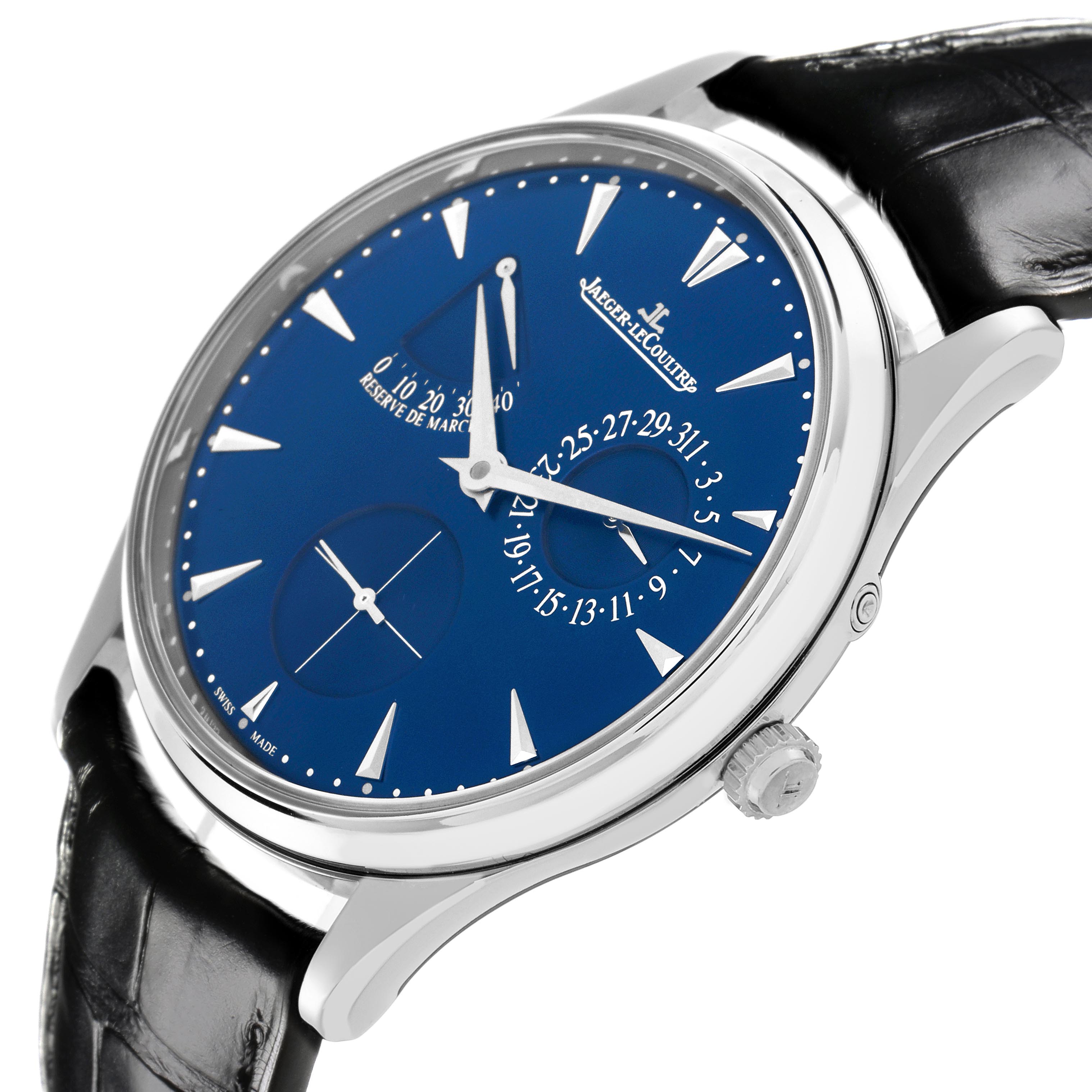 The image shows a side view of the Jaeger LeCoultre Master Q1378480 Men
s Stainless Steel Blue Dial Q1378480 Men
s Stainless Steel Blue Dial watch, highlighting its blue dial, crown, and black leather strap.