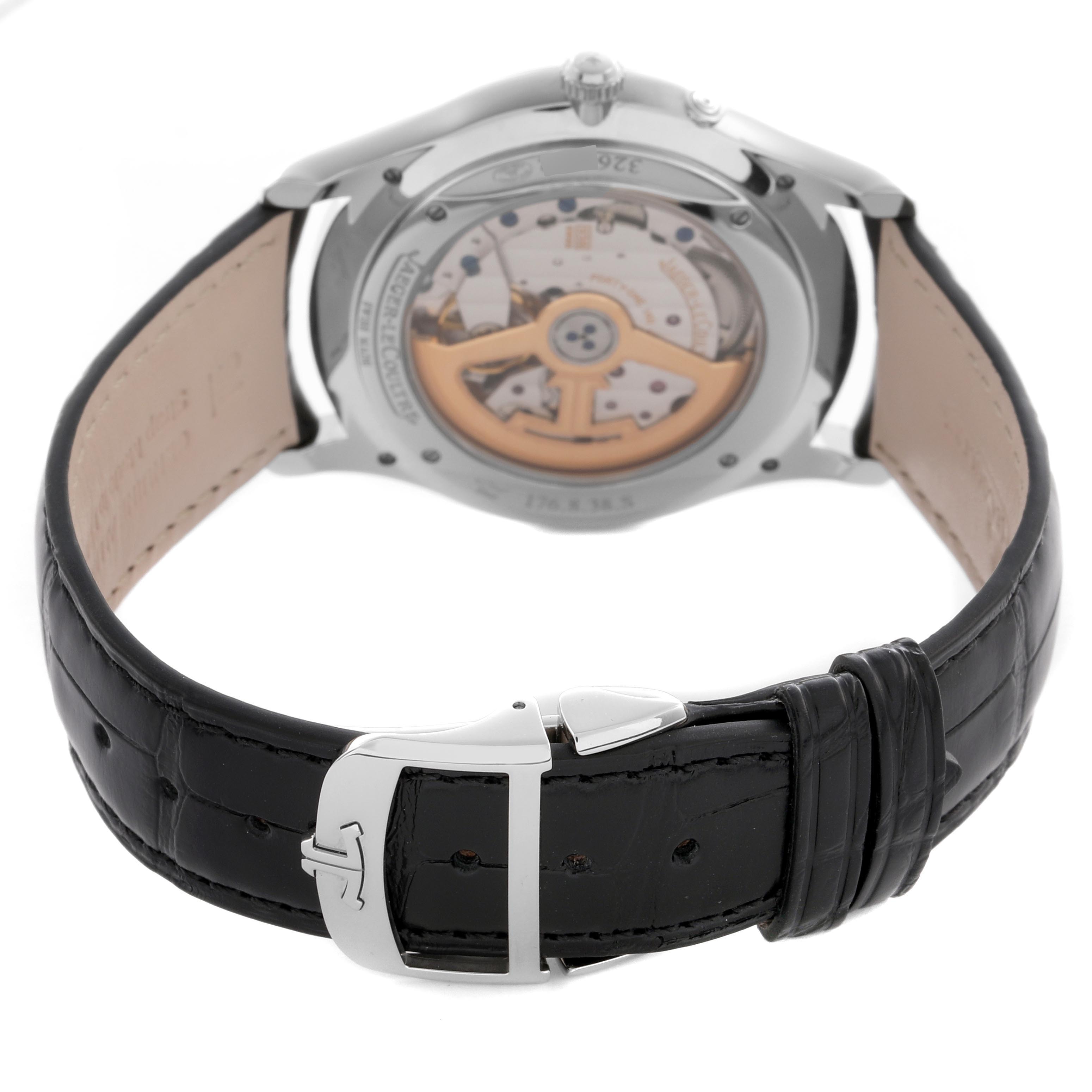 The image shows the back of a Jaeger LeCoultre Master Q1378480 Men
s Stainless Steel Blue Dial Q1378480 Men
s Stainless Steel Blue Dial watch, revealing the movement and clasp detail.