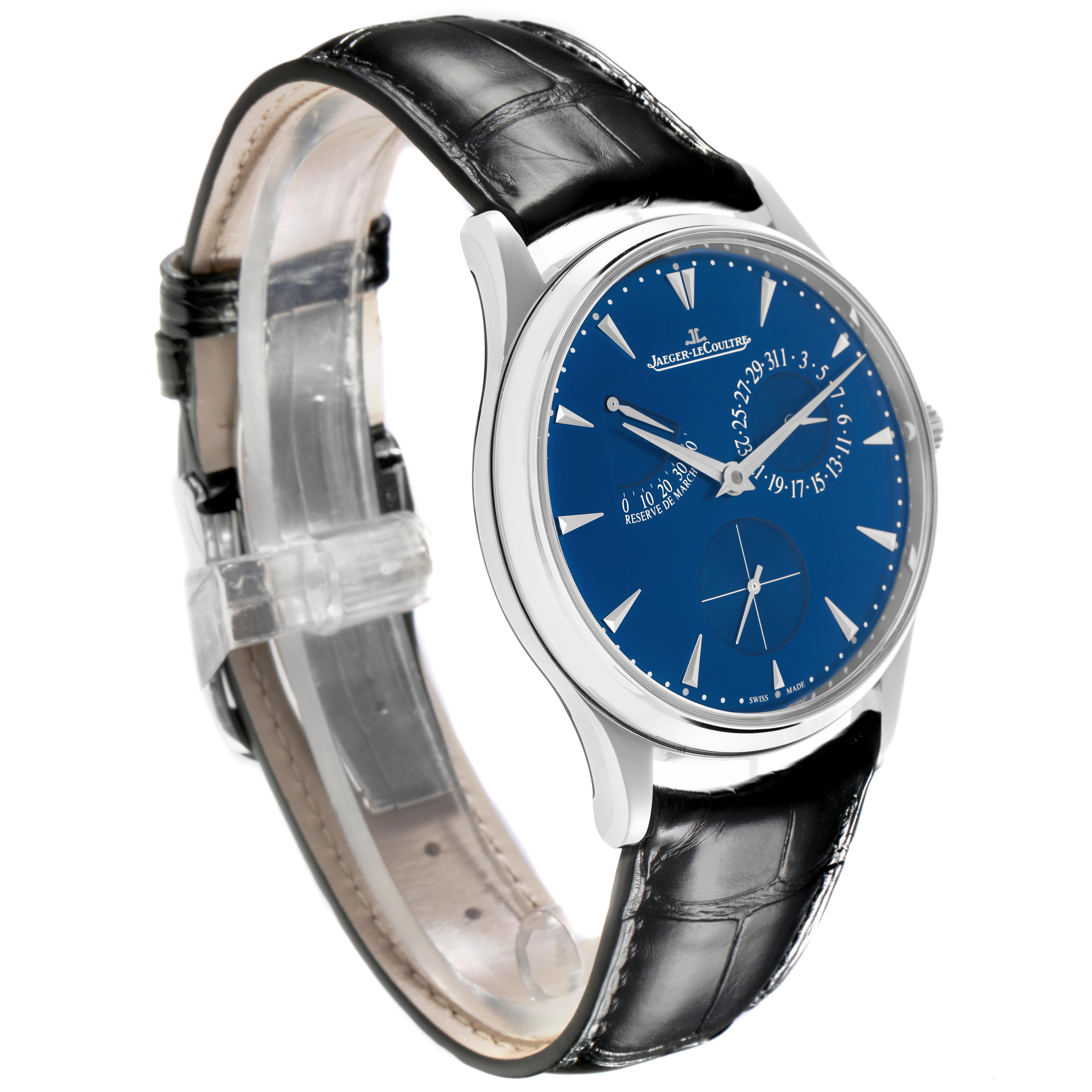 The Jaeger LeCoultre Master Q1378480 Men
s Stainless Steel Blue Dial Q1378480 Men
s Stainless Steel Blue Dial watch is shown at a slight angle displaying the blue dial, case, and black leather strap.
