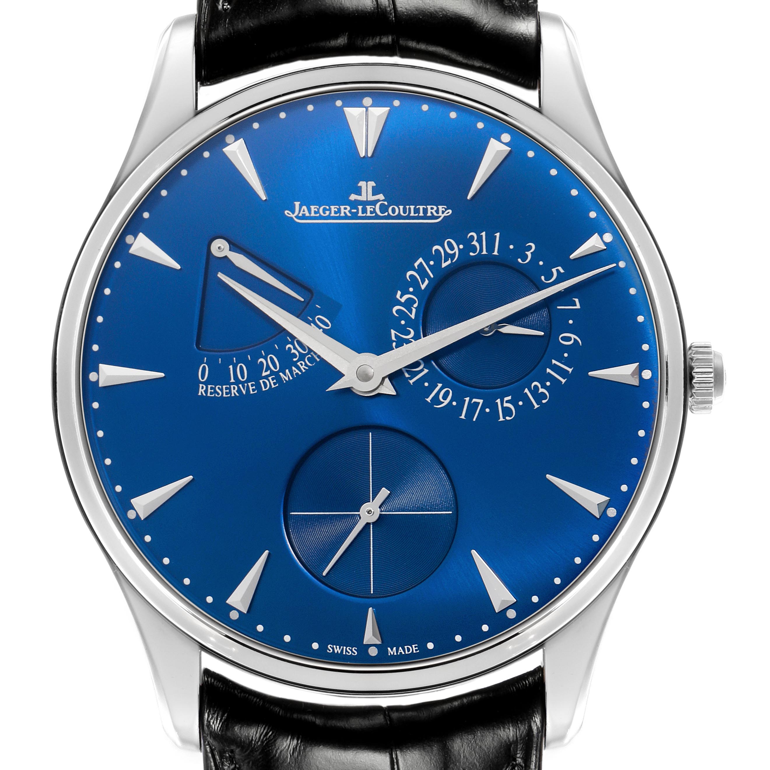 The Jaeger LeCoultre Master Q1378480 Men
s Stainless Steel Blue Dial Q1378480 Men
s Stainless Steel Blue Dial model watch is shown from a direct front angle, displaying the dial, hands, subdials, and strap.