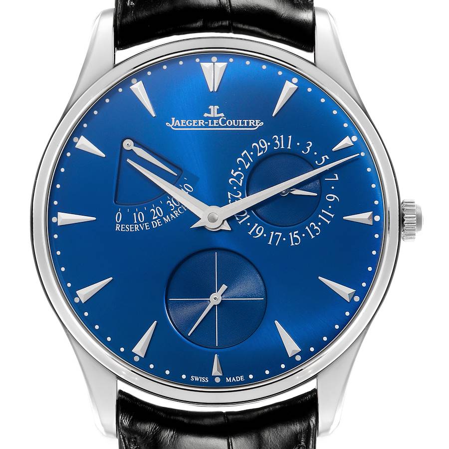The Jaeger LeCoultre Master model watch is shown from a direct front angle, displaying the dial, hands, subdials, and strap.