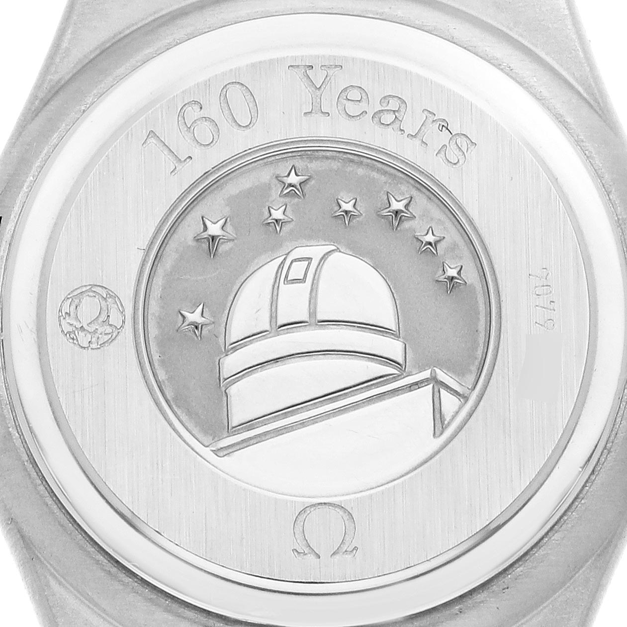 The image shows the back of the Omega 111.15.23.60.55.001 Women
s Stainless Steel Mother of Pearl Dial 111.15.23.60.55.001 Women
s Stainless Steel Mother of Pearl Dial Constellation 1475.71.00, featuring an observatory motif and "160 Years" inscription.