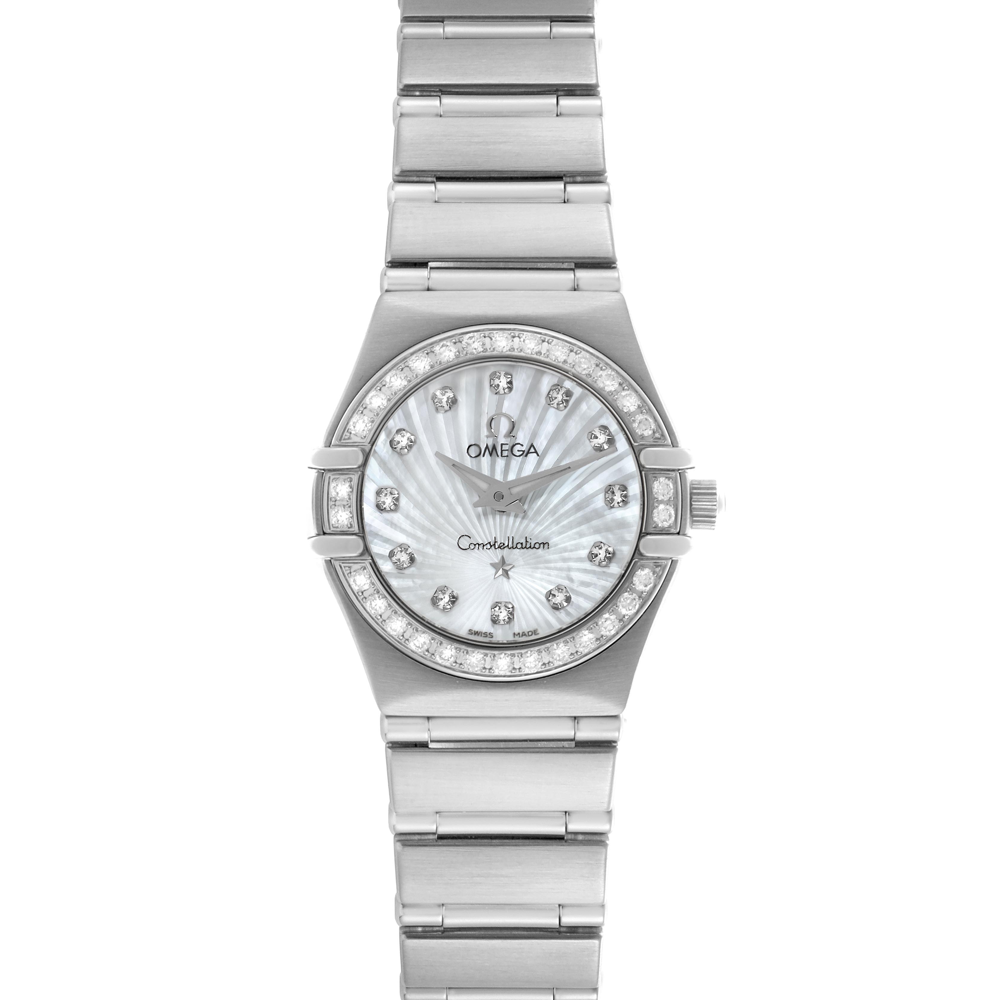 The Omega 111.15.23.60.55.001 Women
s Stainless Steel Mother of Pearl Dial 111.15.23.60.55.001 Women
s Stainless Steel Mother of Pearl Dial Constellation 1475.71.00 watch is shown from a top view, featuring the diamond bezel, mother-of-pearl dial, and steel bracelet.