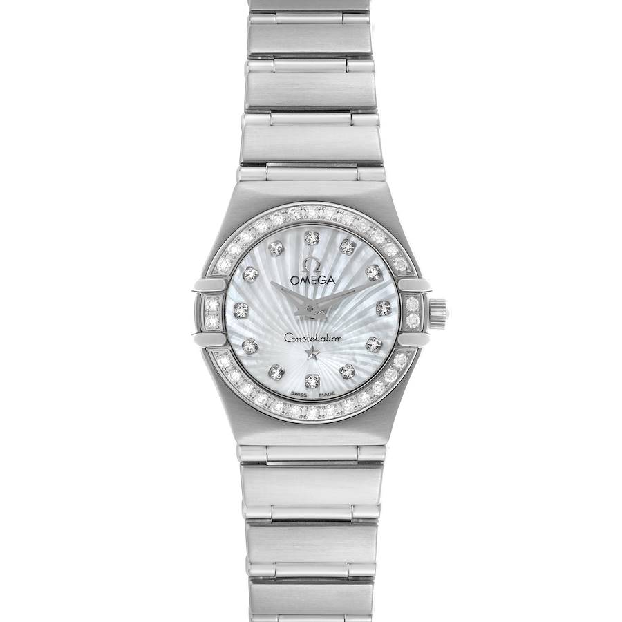 The Omega Constellation 1475.71.00 watch is shown from a top view, featuring the diamond bezel, mother-of-pearl dial, and steel bracelet.