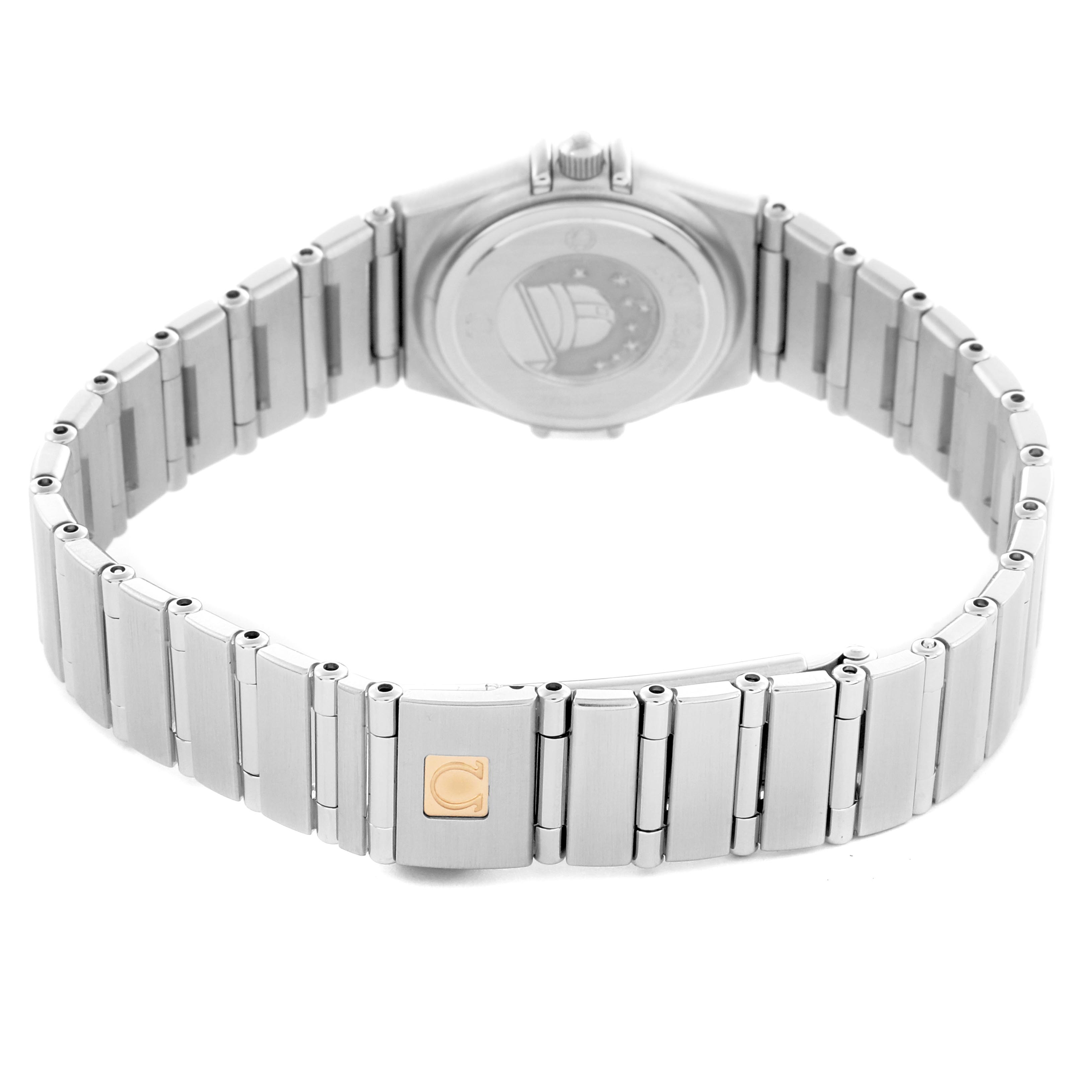 The image shows the back of the Omega 111.15.23.60.55.001 Women
s Stainless Steel Mother of Pearl Dial 111.15.23.60.55.001 Women
s Stainless Steel Mother of Pearl Dial Constellation Diamond Mother Of Pearl Dial Steel Ladies Watch 1475.71.00, featuring its bracelet and clasp.