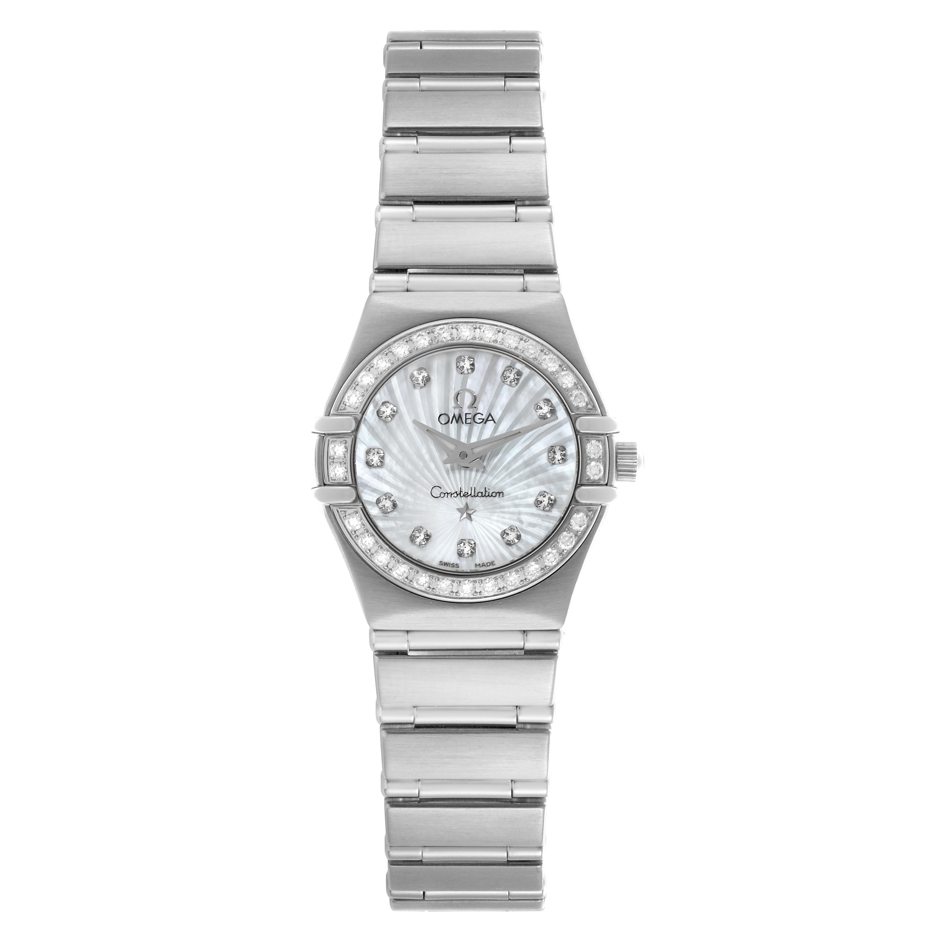 This Omega 111.15.23.60.55.001 Women
s Stainless Steel Mother of Pearl Dial 111.15.23.60.55.001 Women
s Stainless Steel Mother of Pearl Dial Constellation model 1475.71.00 watch is shown from the front, displaying its diamond bezel, mother of pearl dial, and steel bracelet.