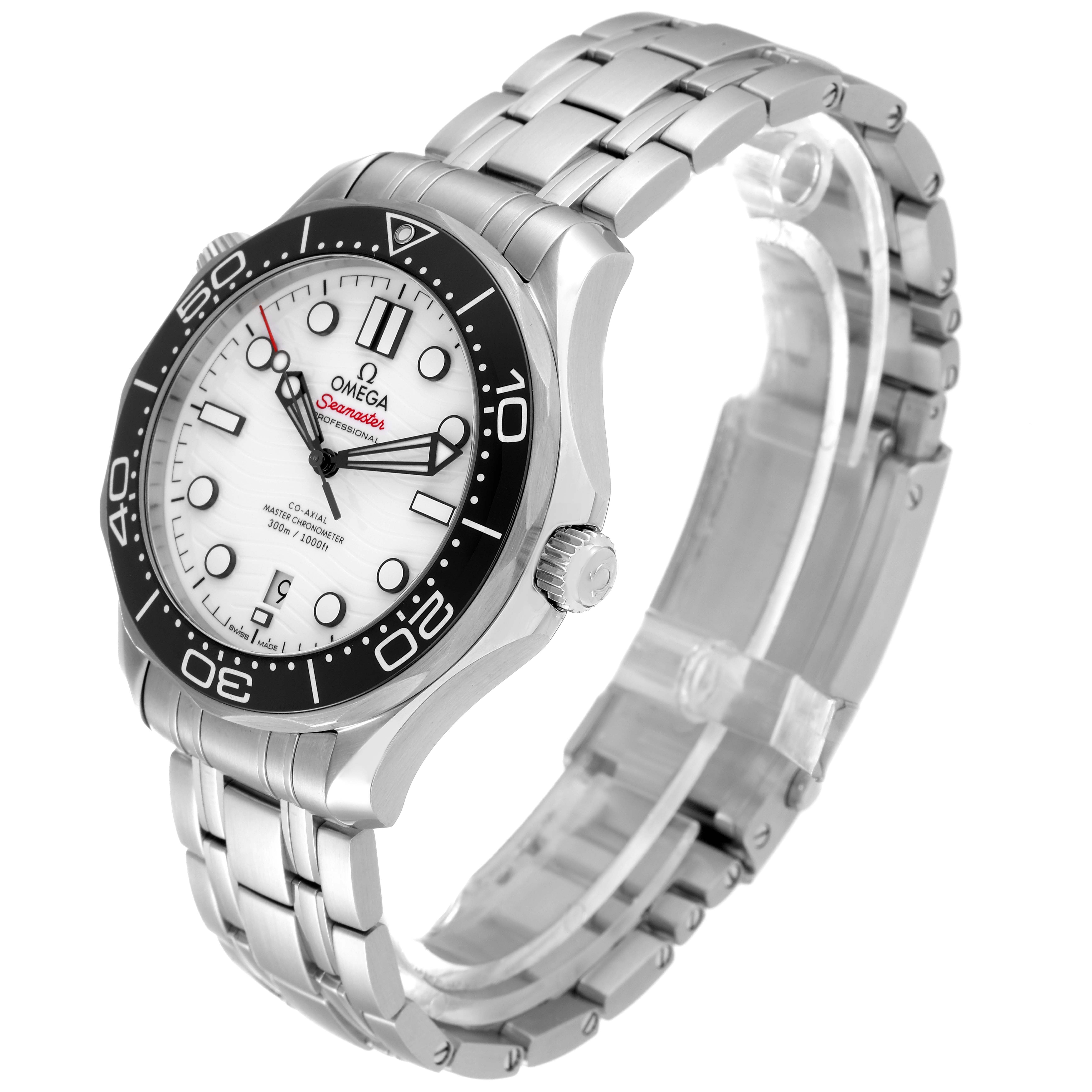 The image shows an Omega Seamaster 210.30.42.20.04.001 Men's Stainless Steel White Dial 210.30.42.20.04.001 Men's Stainless Steel White Dial watch at an angled view, displaying its face, bezel, crown, and stainless steel bracelet.