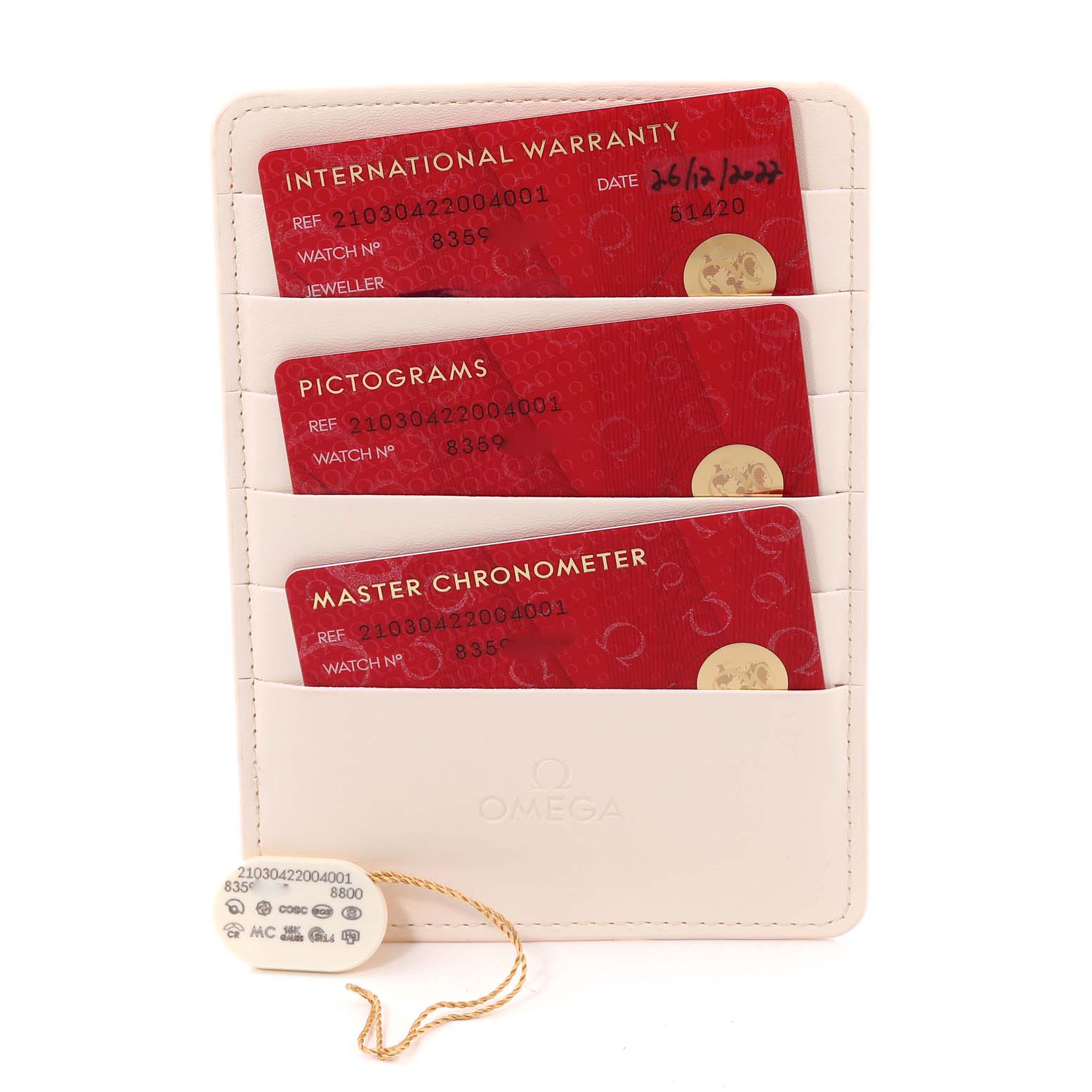 This image shows the warranty cards and pictogram tag for the Omega Seamaster 210.30.42.20.04.001 Men's Stainless Steel White Dial 210.30.42.20.04.001 Men's Stainless Steel White Dial watch model.