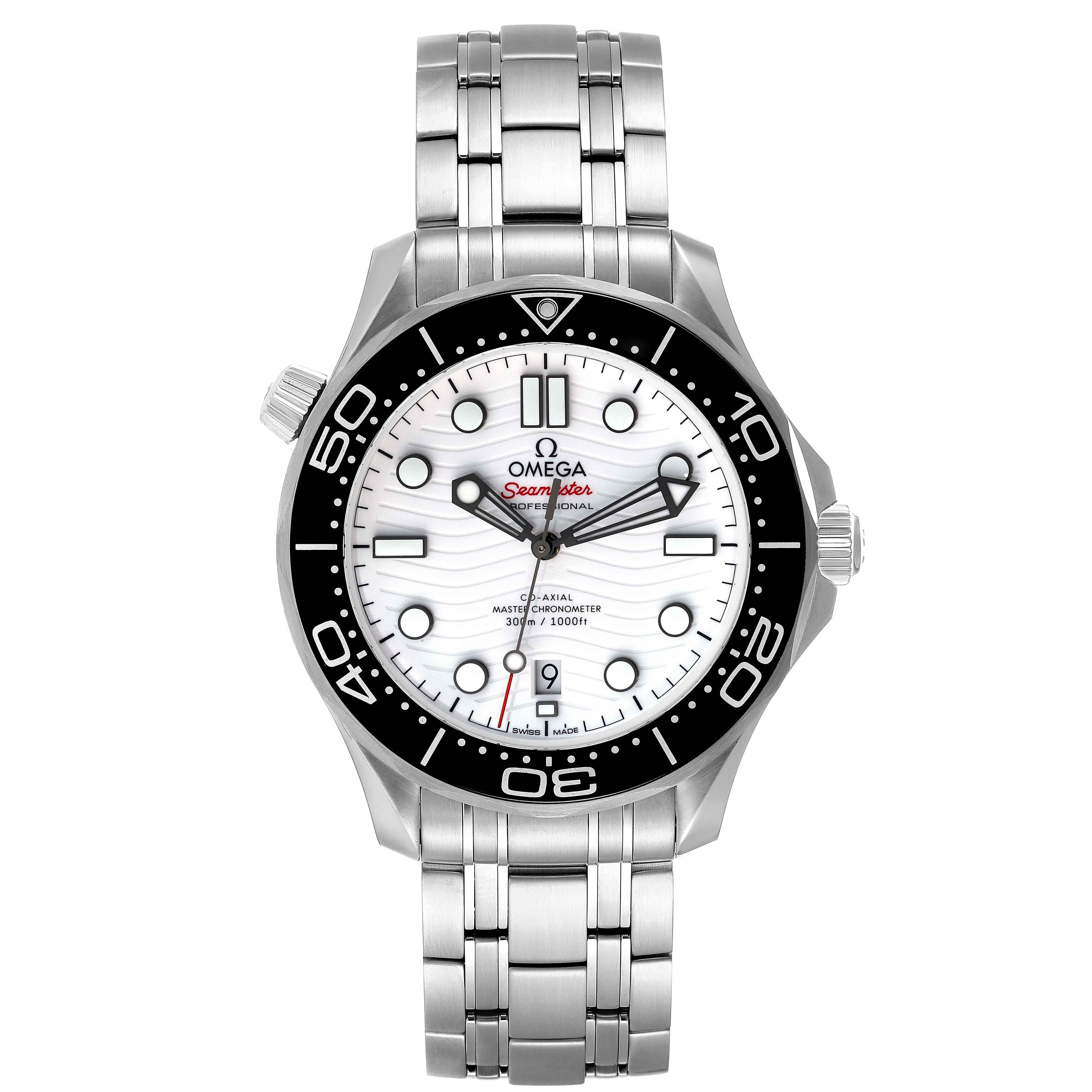 The Omega Seamaster 210.30.42.20.04.001 Men's Stainless Steel White Dial 210.30.42.20.04.001 Men's Stainless Steel White Dial watch is shown from the front, displaying the dial, bezel, case, crown, and stainless steel bracelet.